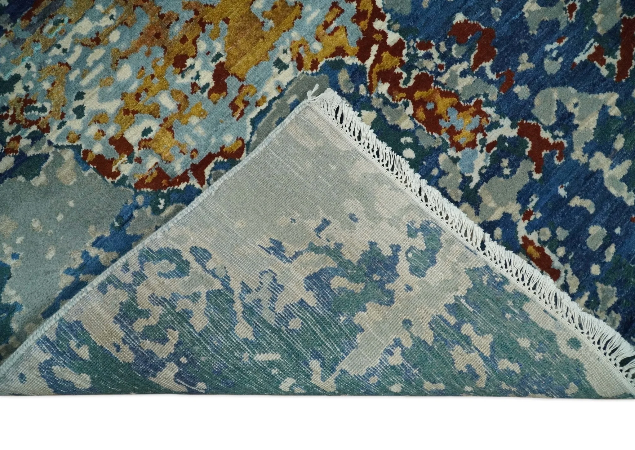 2.6x10 Fine Hand Knotted Blue Modern Abstract Wool and Silk Runner Area Rug | AGR12 - Image 7