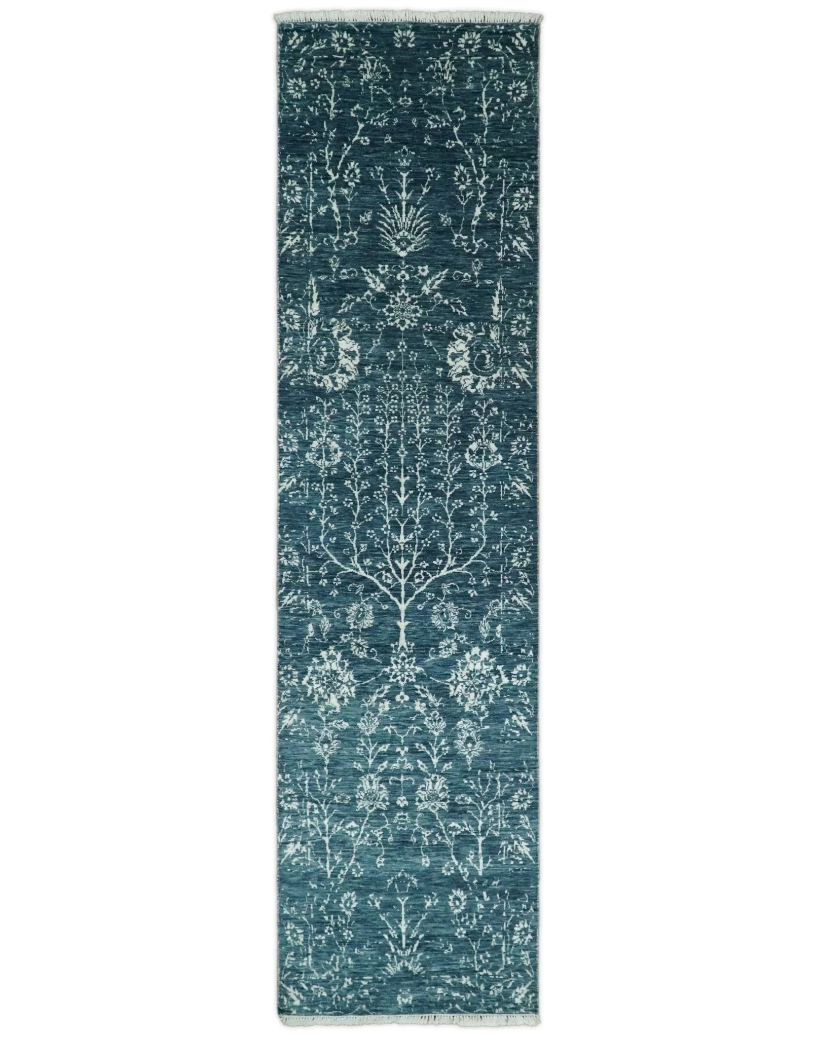 2.6x10 Fine Hand Knotted White and Blue Traditional Persian Style Antique Wool Rug