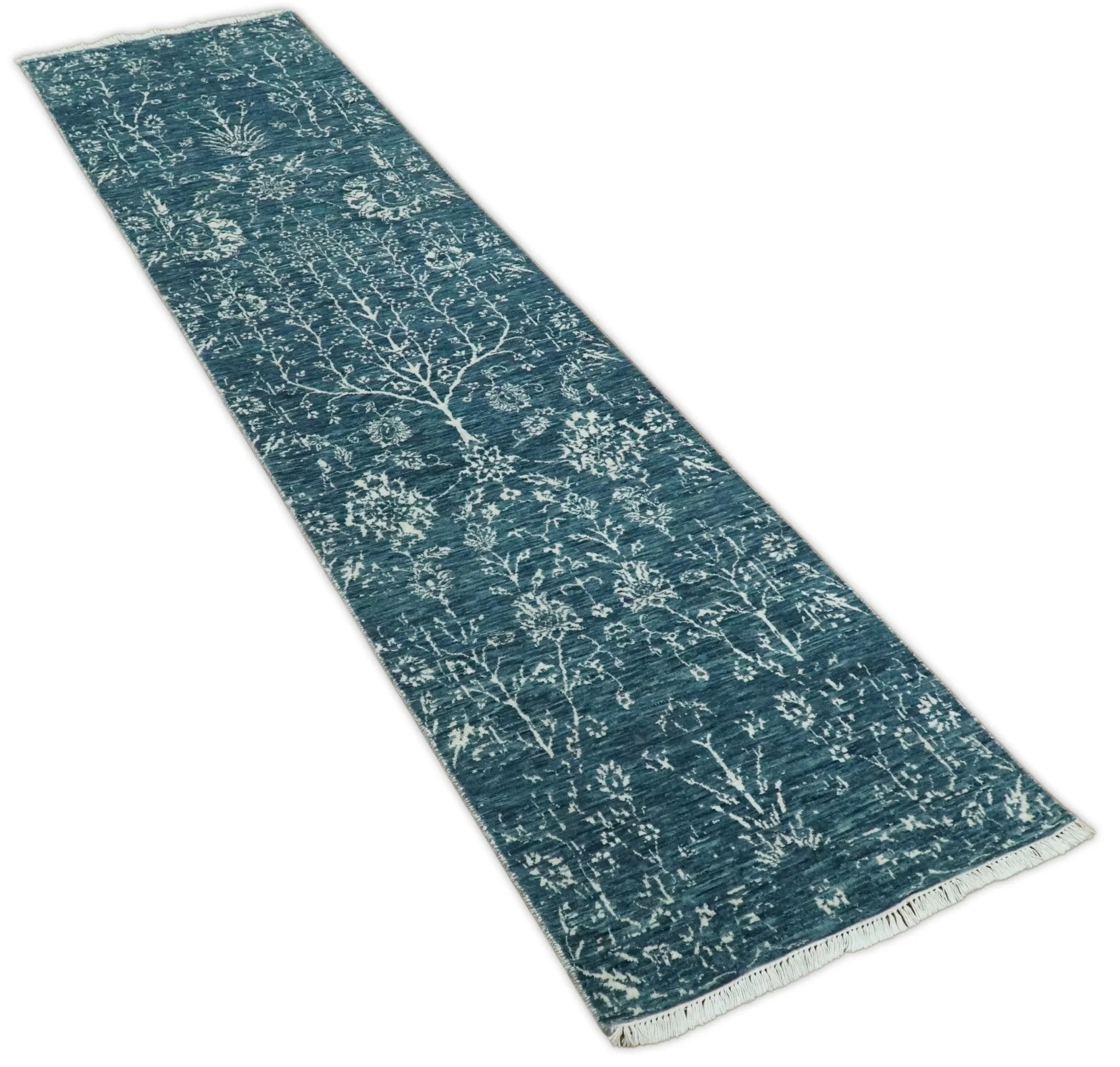 2.6x10 Fine Hand Knotted White and Blue Traditional Persian Style Antique Wool Rug - Image 7