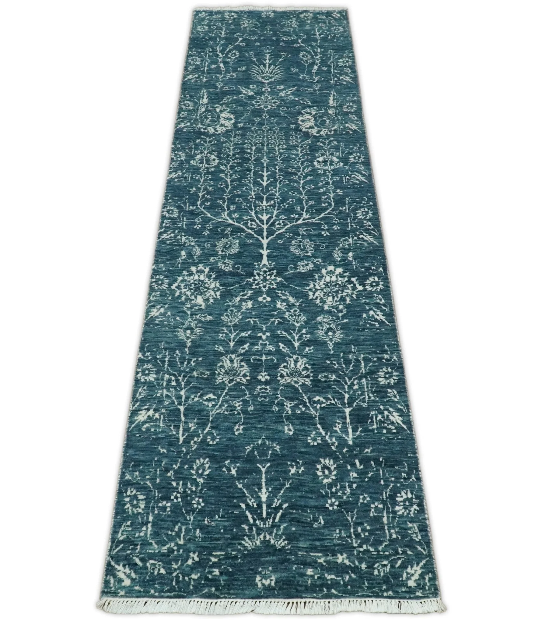 2.6x10 Fine Hand Knotted White and Blue Traditional Persian Style Antique Wool Rug - Image 8
