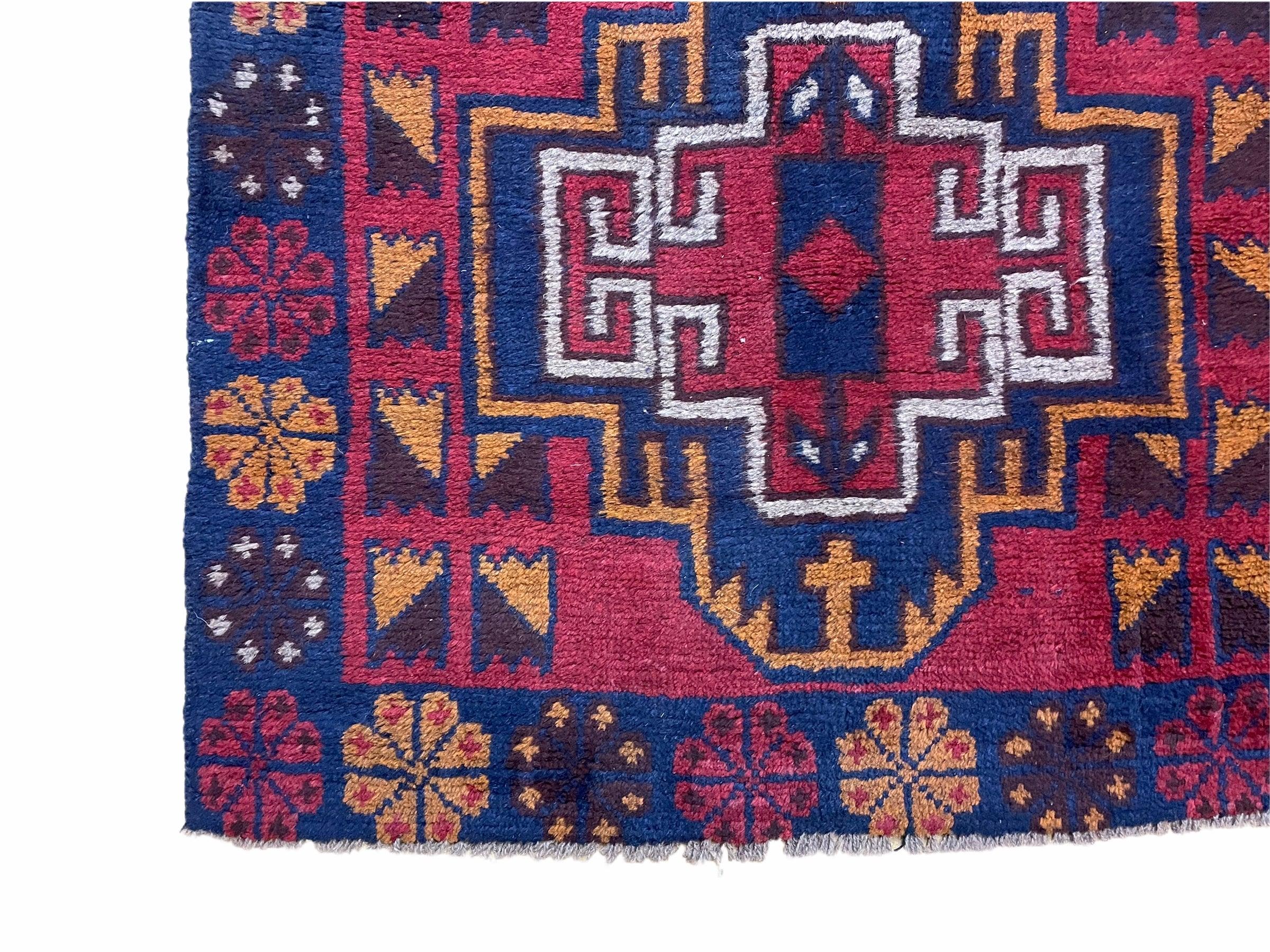 3 X 4.3 Vintage Handmade Tribal Wool Rug Balouch Rug Afghan Rug Red Blue Nice - Image 8