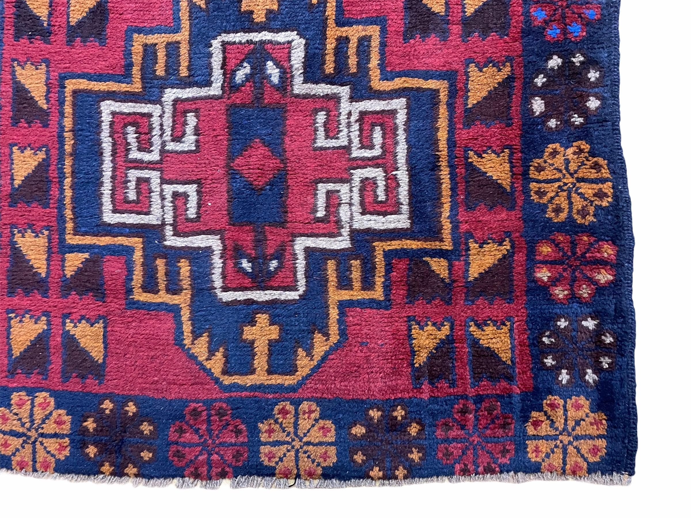 3 X 4.3 Vintage Handmade Tribal Wool Rug Balouch Rug Afghan Rug Red Blue Nice - Image 9
