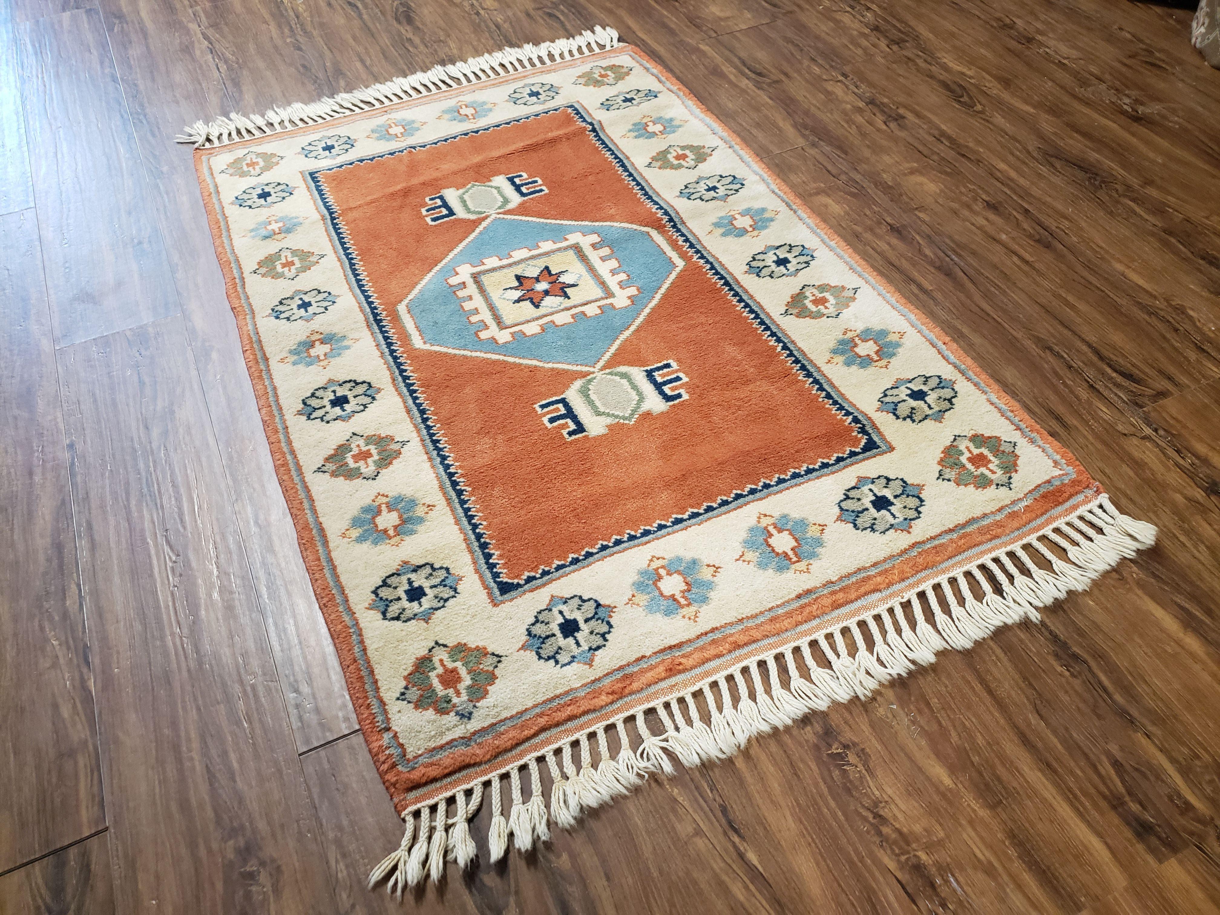 3x5 Handmade Vintage Turkish Area Rug Wool Kazak Carpet 3'1"x4'5" Red Beige - Image 2