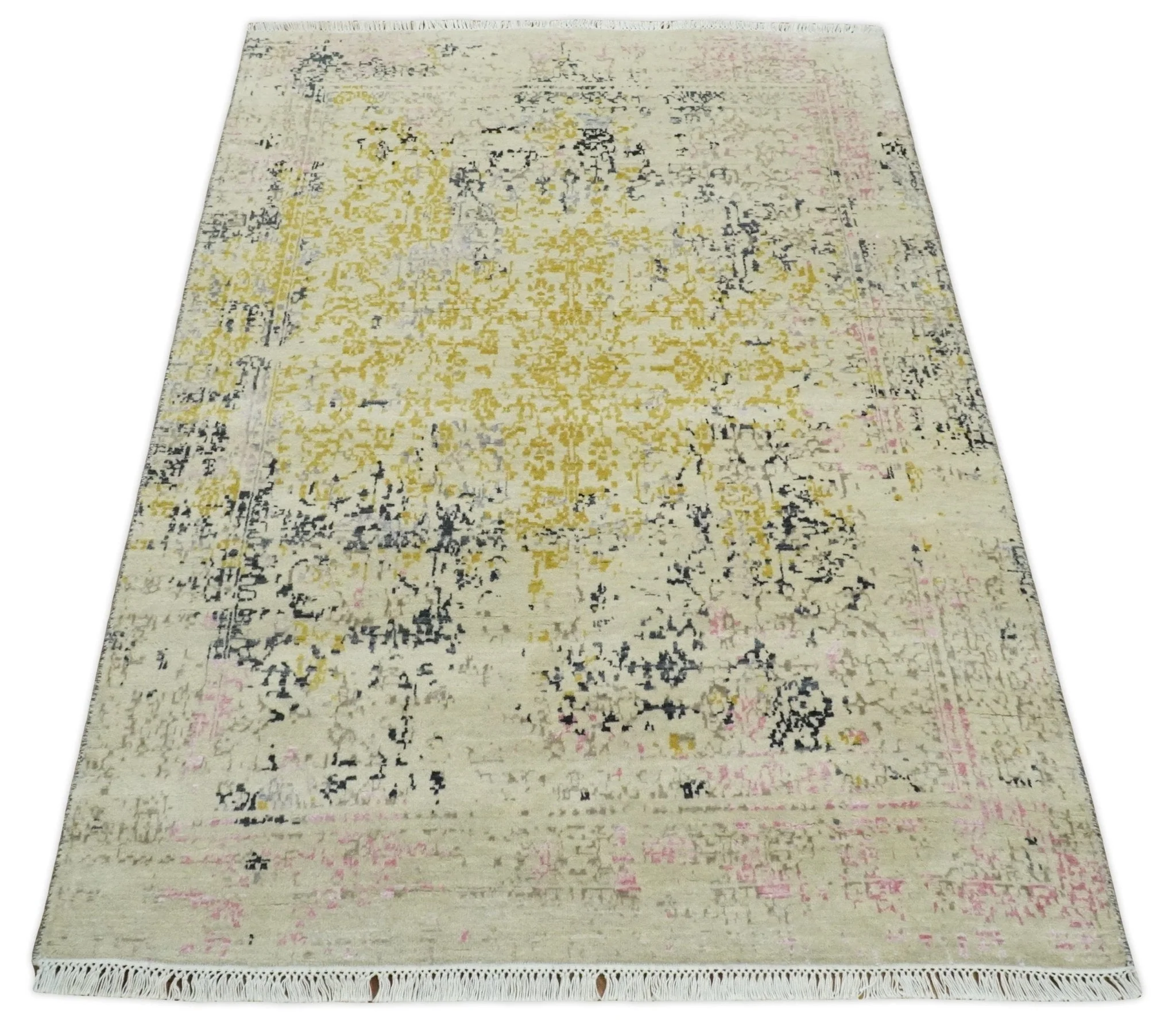 4x6 Fine Hand Knotted Gold, Gray and Ivory Modern Abstract Wool and SIlk Area Rug | AGR17 - Image 12
