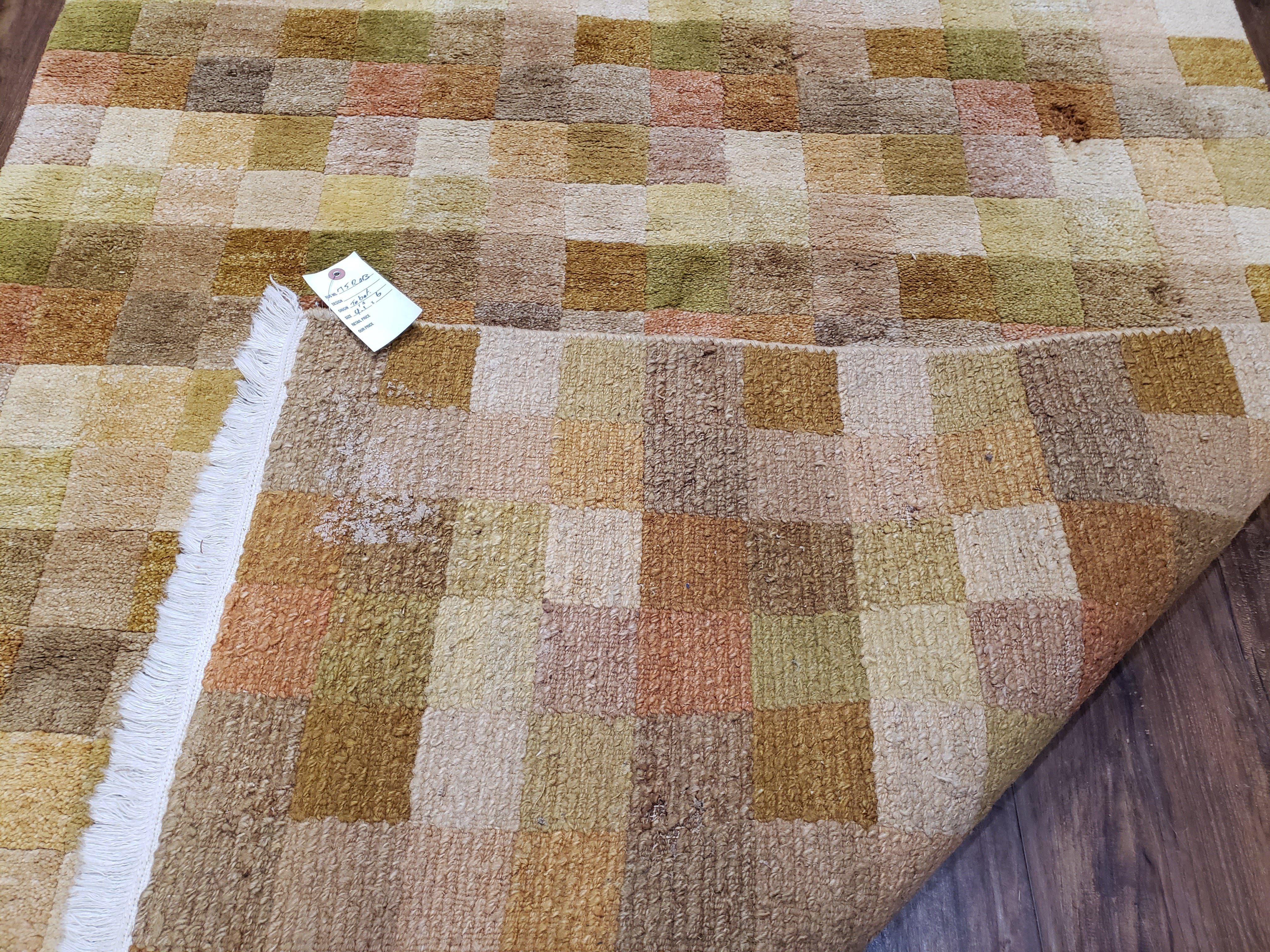 4x6 Tibetan Rug, Modern Abstract Handmade Area Rug, Checkerboard Pattern, Neutral Ivory Gold Tan Colors, Soft Pile, Mid Sized Rug, Nepali - Image 10