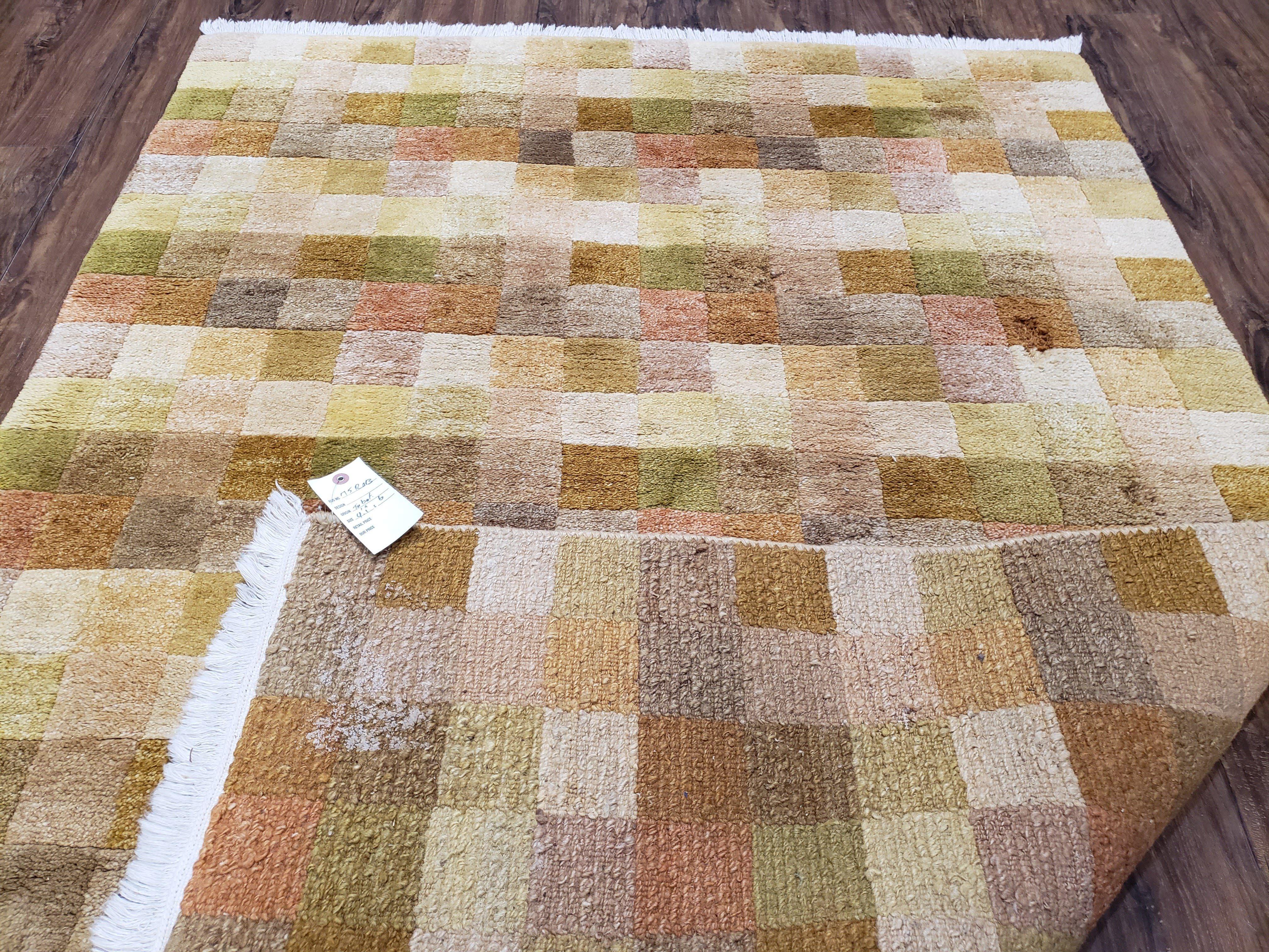 4x6 Tibetan Rug, Modern Abstract Handmade Area Rug, Checkerboard Pattern, Neutral Ivory Gold Tan Colors, Soft Pile, Mid Sized Rug, Nepali - Image 11