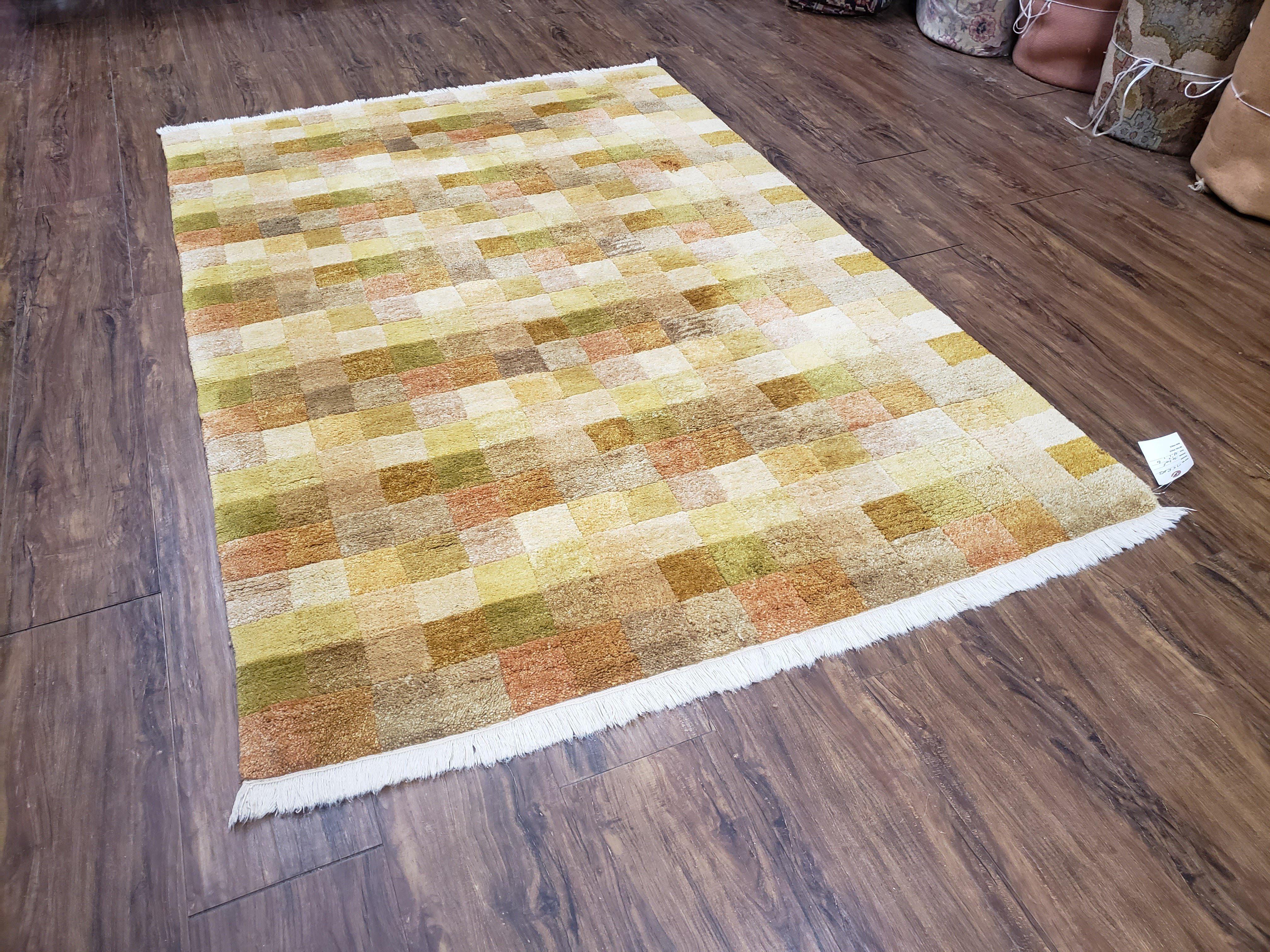 4x6 Tibetan Rug, Modern Abstract Handmade Area Rug, Checkerboard Pattern, Neutral Ivory Gold Tan Colors, Soft Pile, Mid Sized Rug, Nepali - Image 12