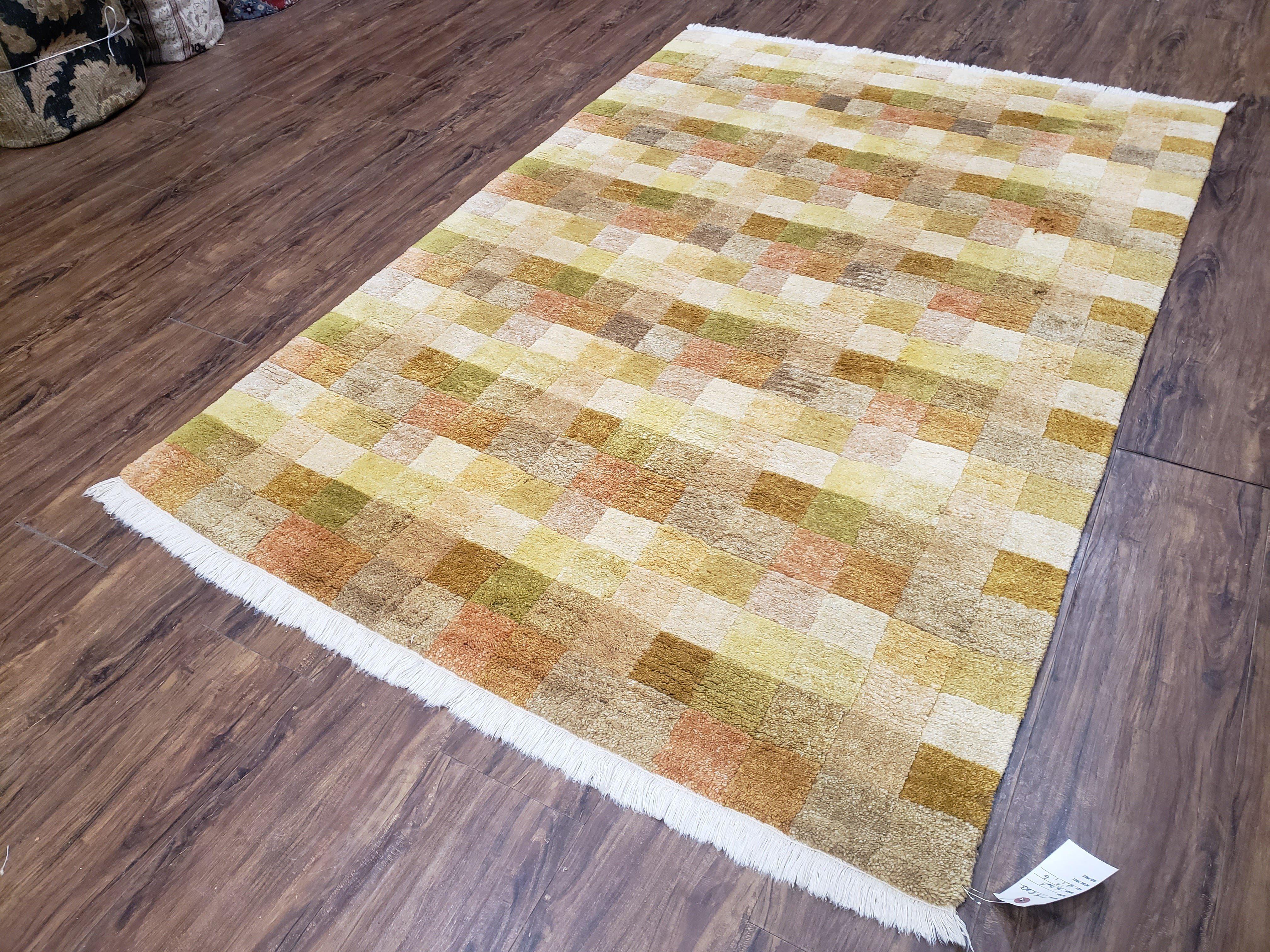 4x6 Tibetan Rug, Modern Abstract Handmade Area Rug, Checkerboard Pattern, Neutral Ivory Gold Tan Colors, Soft Pile, Mid Sized Rug, Nepali - Image 2