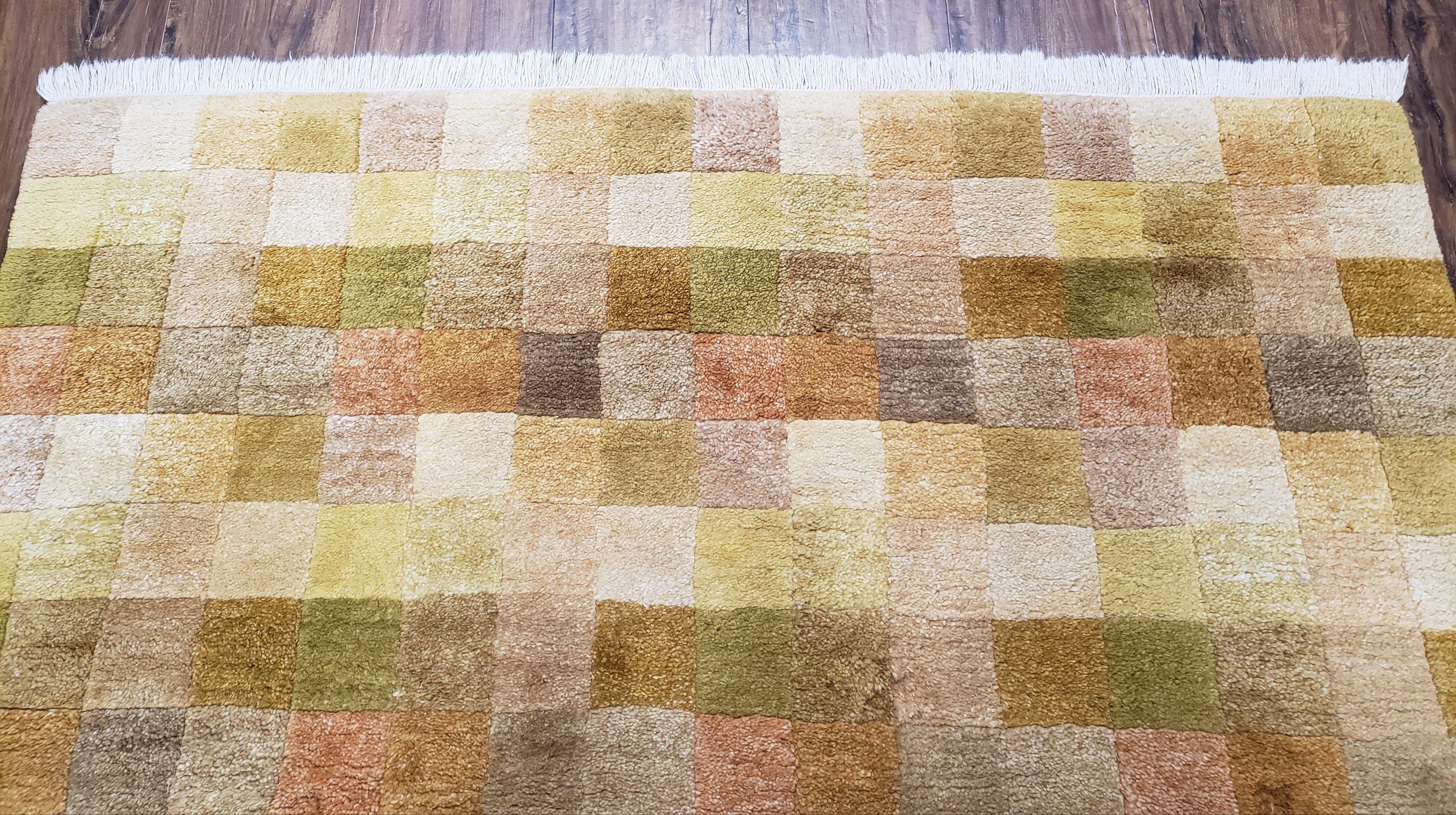 4x6 Tibetan Rug, Modern Abstract Handmade Area Rug, Checkerboard Pattern, Neutral Ivory Gold Tan Colors, Soft Pile, Mid Sized Rug, Nepali - Image 3
