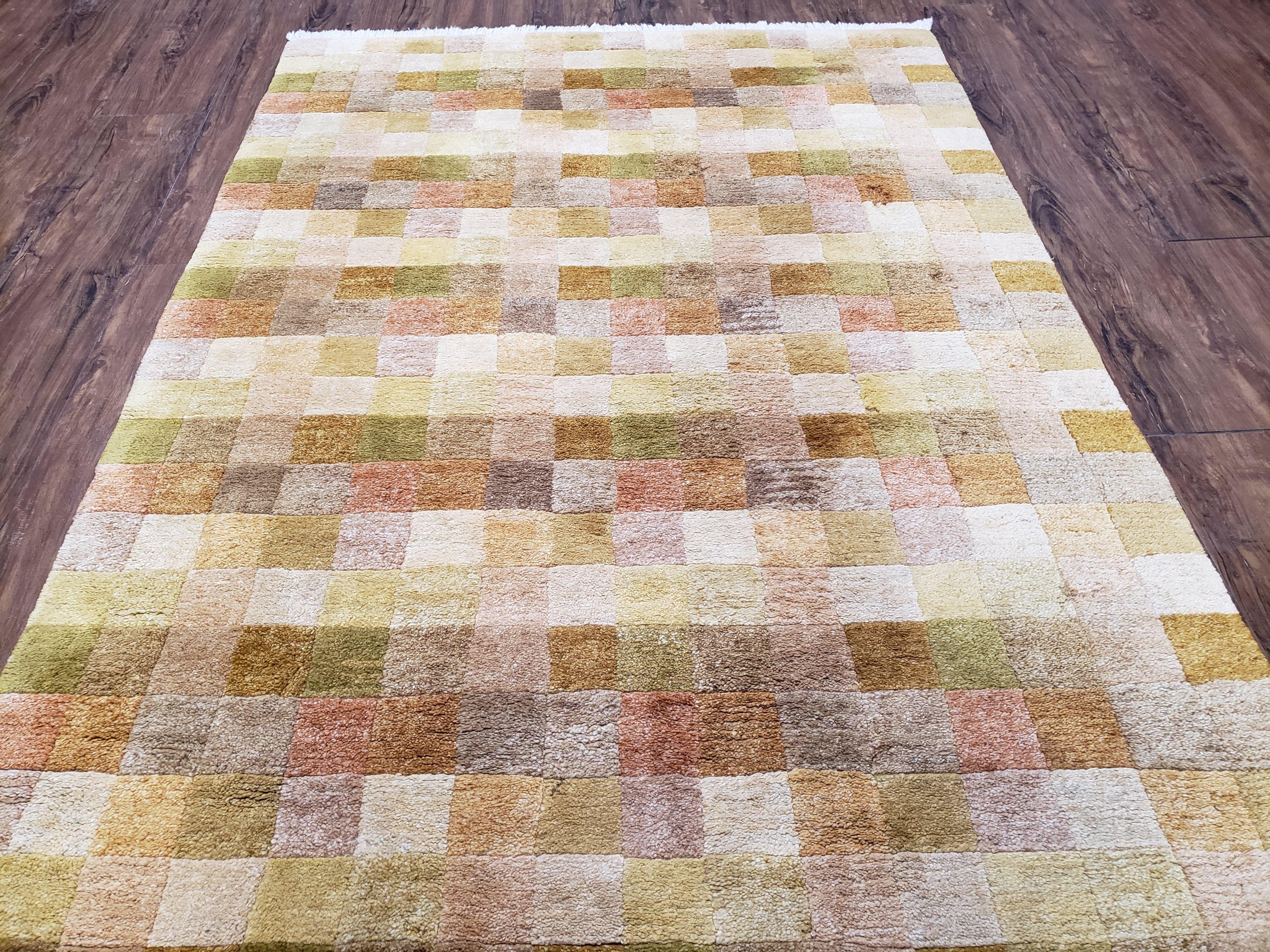 4x6 Tibetan Rug, Modern Abstract Handmade Area Rug, Checkerboard Pattern, Neutral Ivory Gold Tan Colors, Soft Pile, Mid Sized Rug, Nepali - Image 4