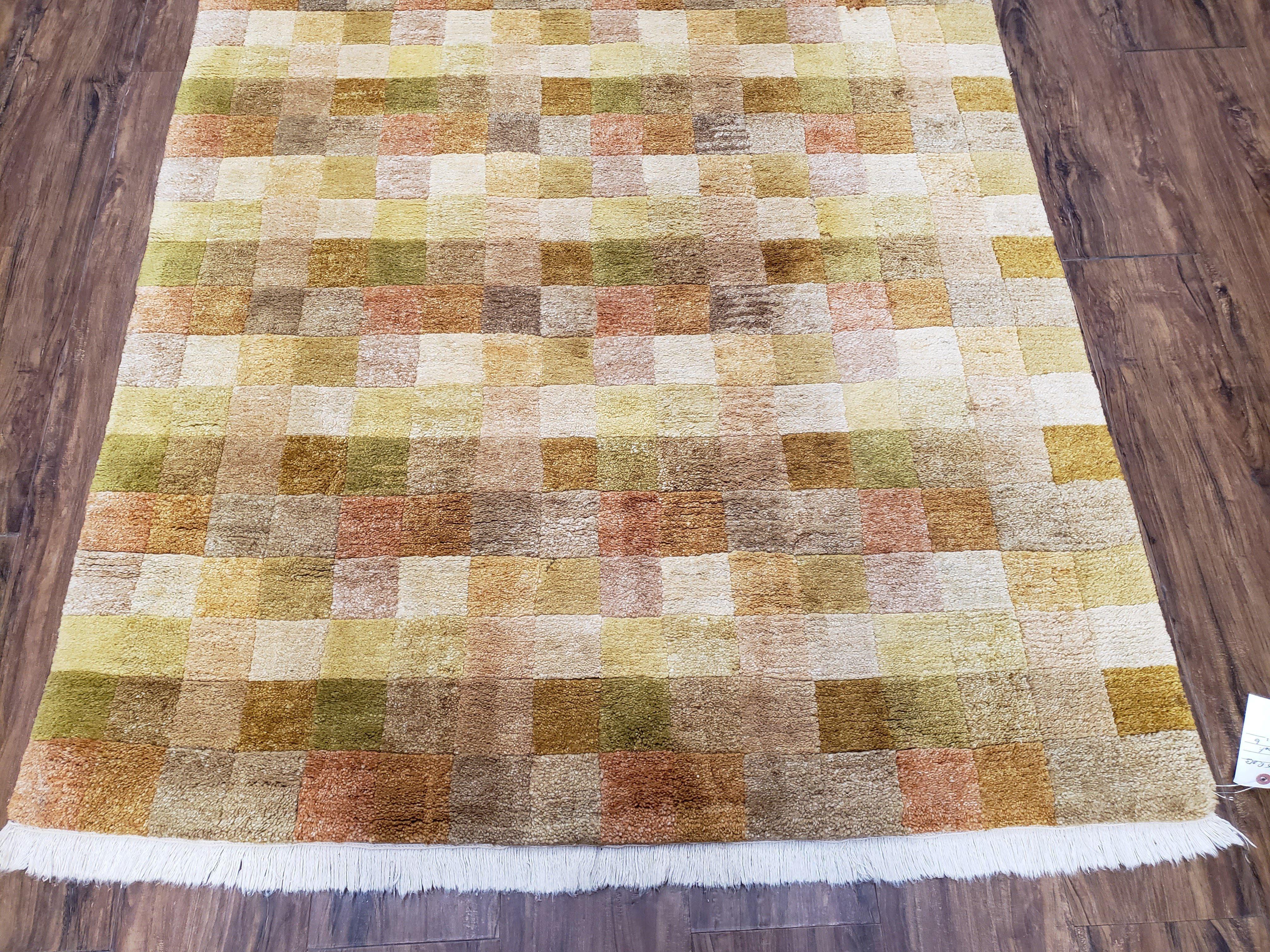 4x6 Tibetan Rug, Modern Abstract Handmade Area Rug, Checkerboard Pattern, Neutral Ivory Gold Tan Colors, Soft Pile, Mid Sized Rug, Nepali - Image 5