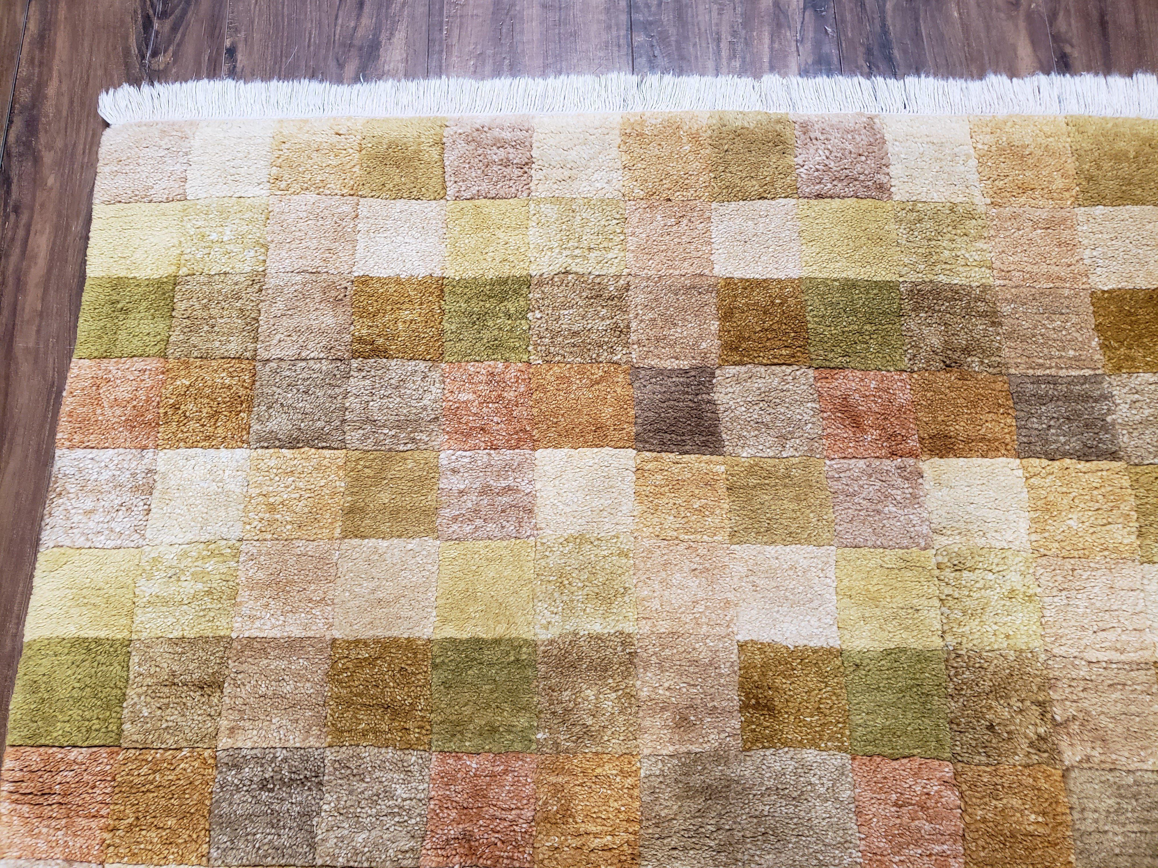 4x6 Tibetan Rug, Modern Abstract Handmade Area Rug, Checkerboard Pattern, Neutral Ivory Gold Tan Colors, Soft Pile, Mid Sized Rug, Nepali - Image 6