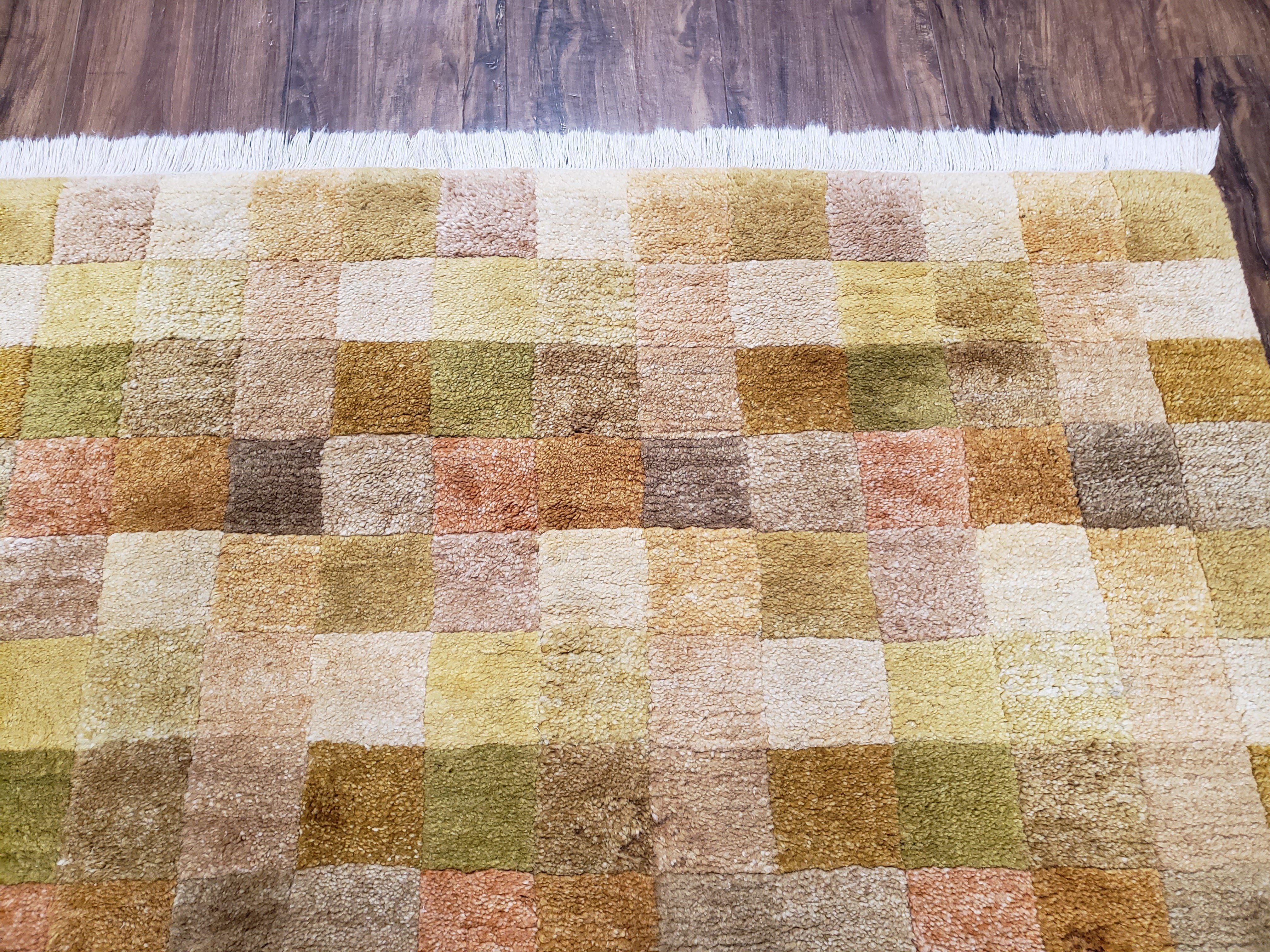 4x6 Tibetan Rug, Modern Abstract Handmade Area Rug, Checkerboard Pattern, Neutral Ivory Gold Tan Colors, Soft Pile, Mid Sized Rug, Nepali - Image 7