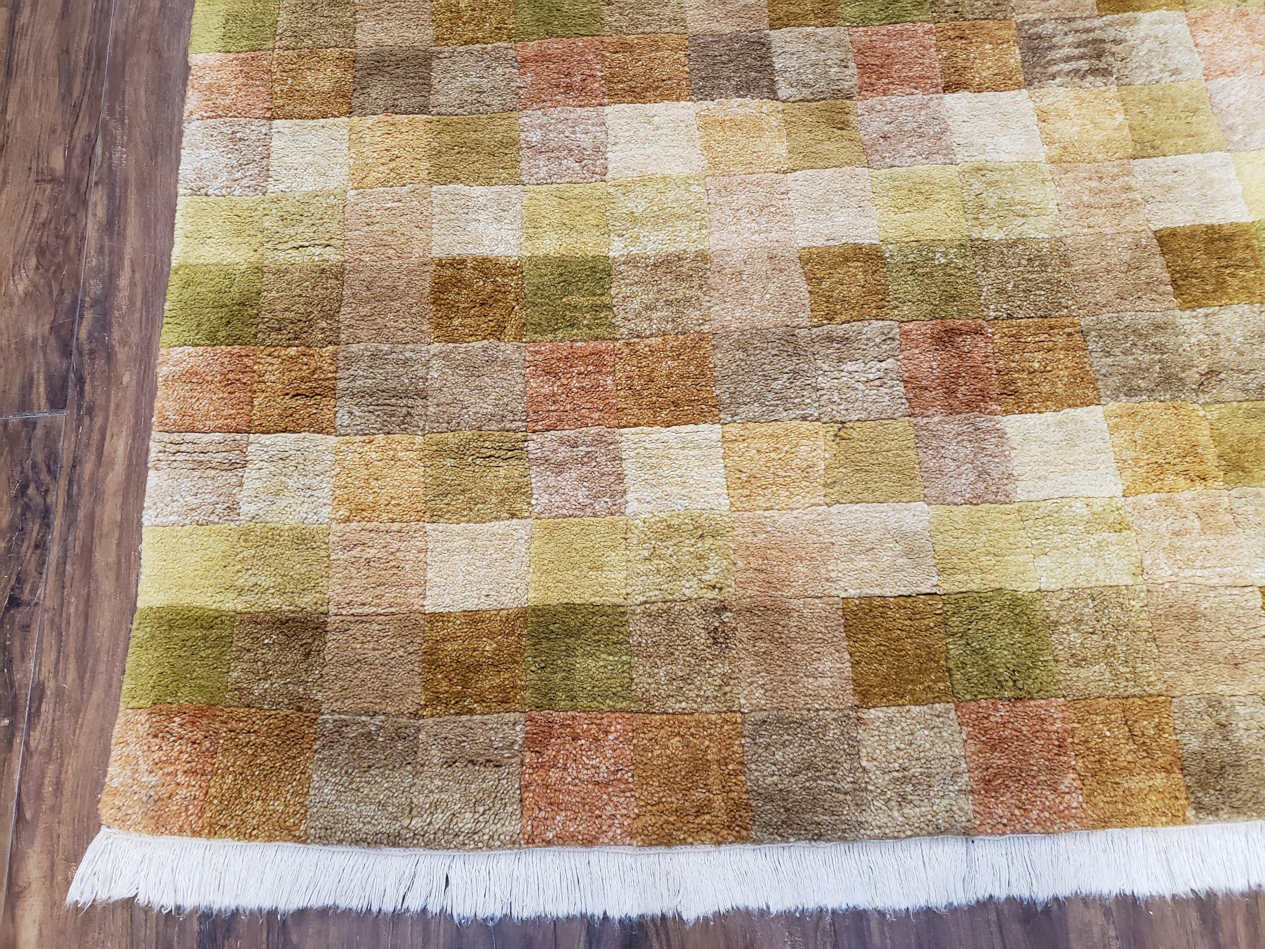 4x6 Tibetan Rug, Modern Abstract Handmade Area Rug, Checkerboard Pattern, Neutral Ivory Gold Tan Colors, Soft Pile, Mid Sized Rug, Nepali - Image 8