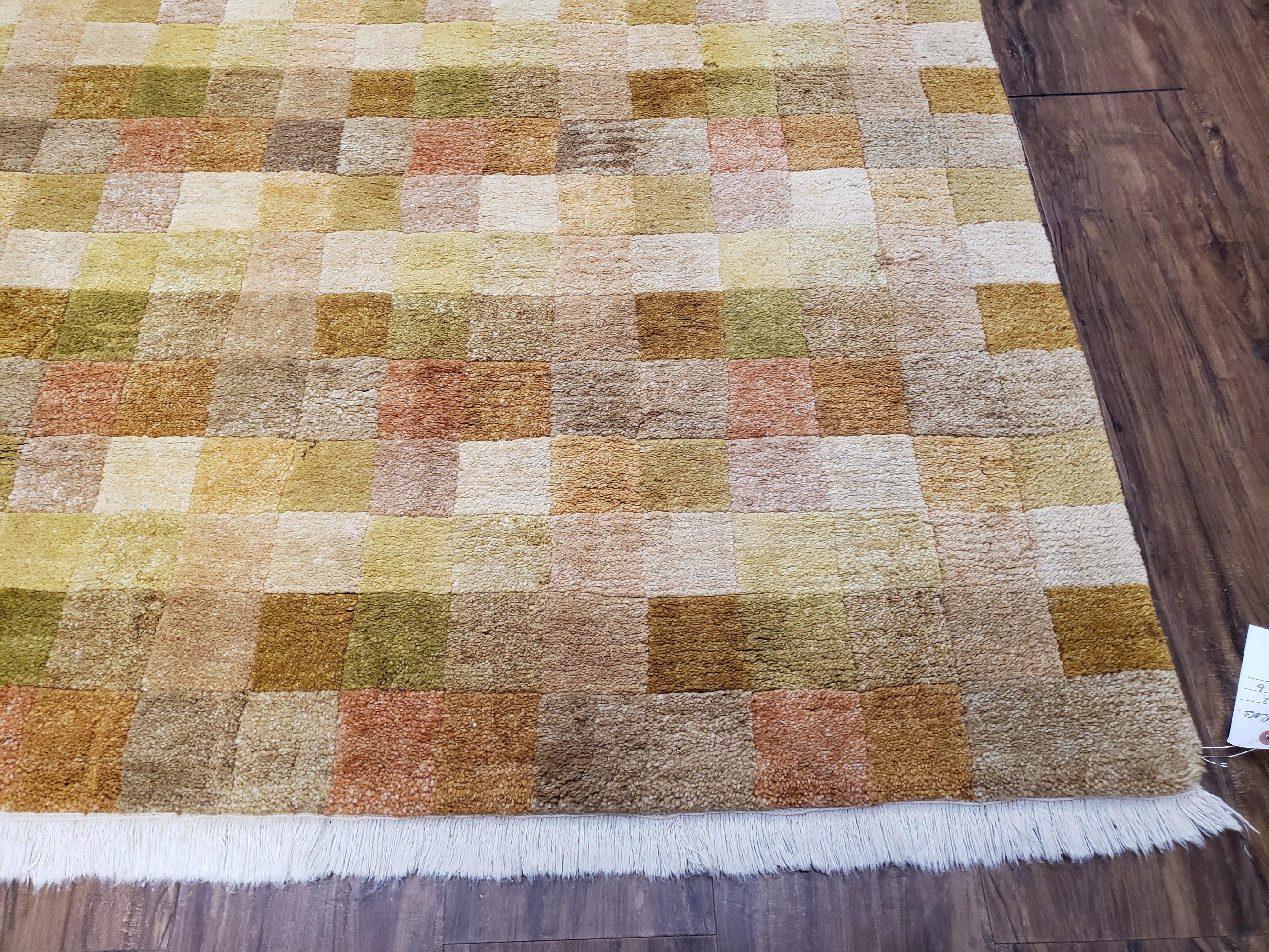 4x6 Tibetan Rug, Modern Abstract Handmade Area Rug, Checkerboard Pattern, Neutral Ivory Gold Tan Colors, Soft Pile, Mid Sized Rug, Nepali - Image 9