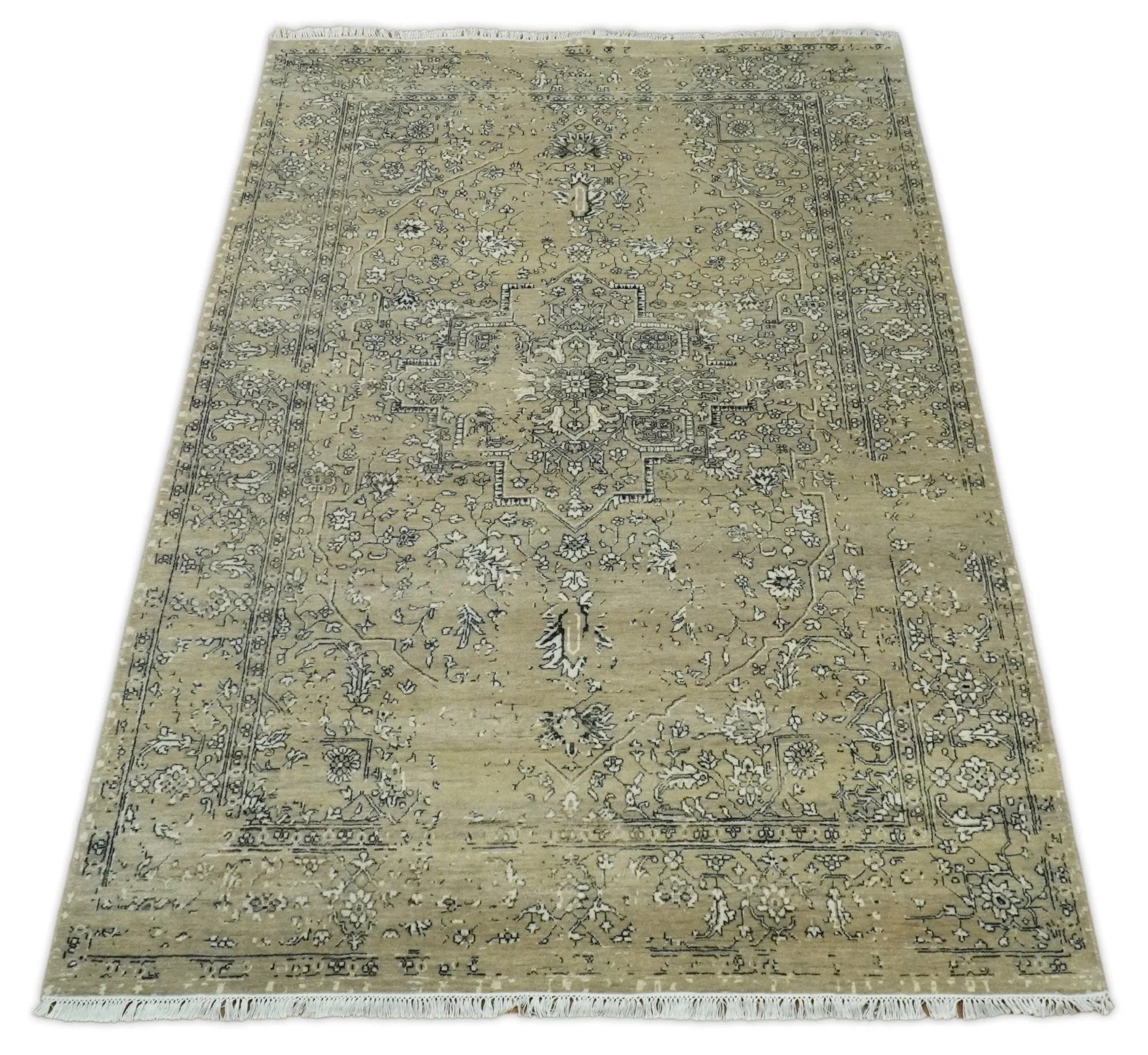 6x9 Fine Hand Knotted Beige and Black Traditional Vintage Persian Style Antique Wool Rug - Image 10