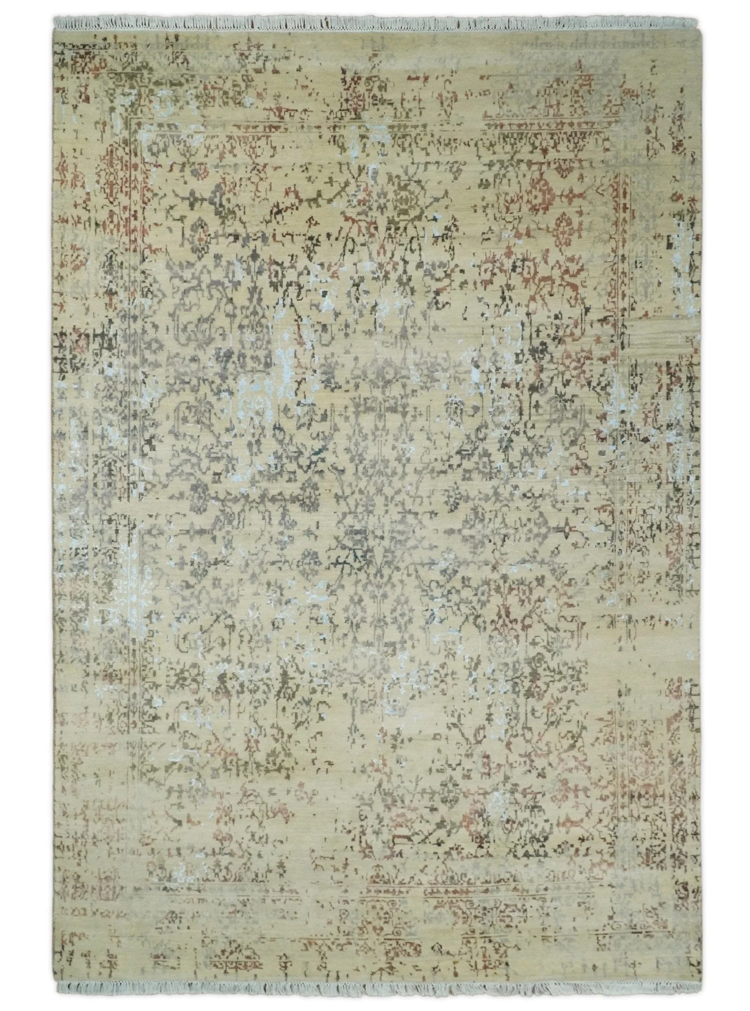 6x9 Fine Hand Knotted Beige and Rust Vintage Persian Style Antique Wool and Silk Rug