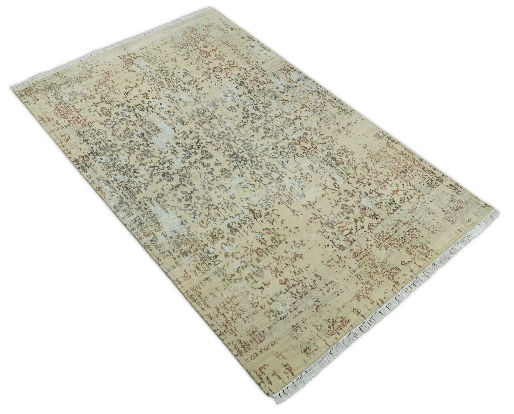 6x9 Fine Hand Knotted Beige and Rust Vintage Persian Style Antique Wool and Silk Rug - Image 12