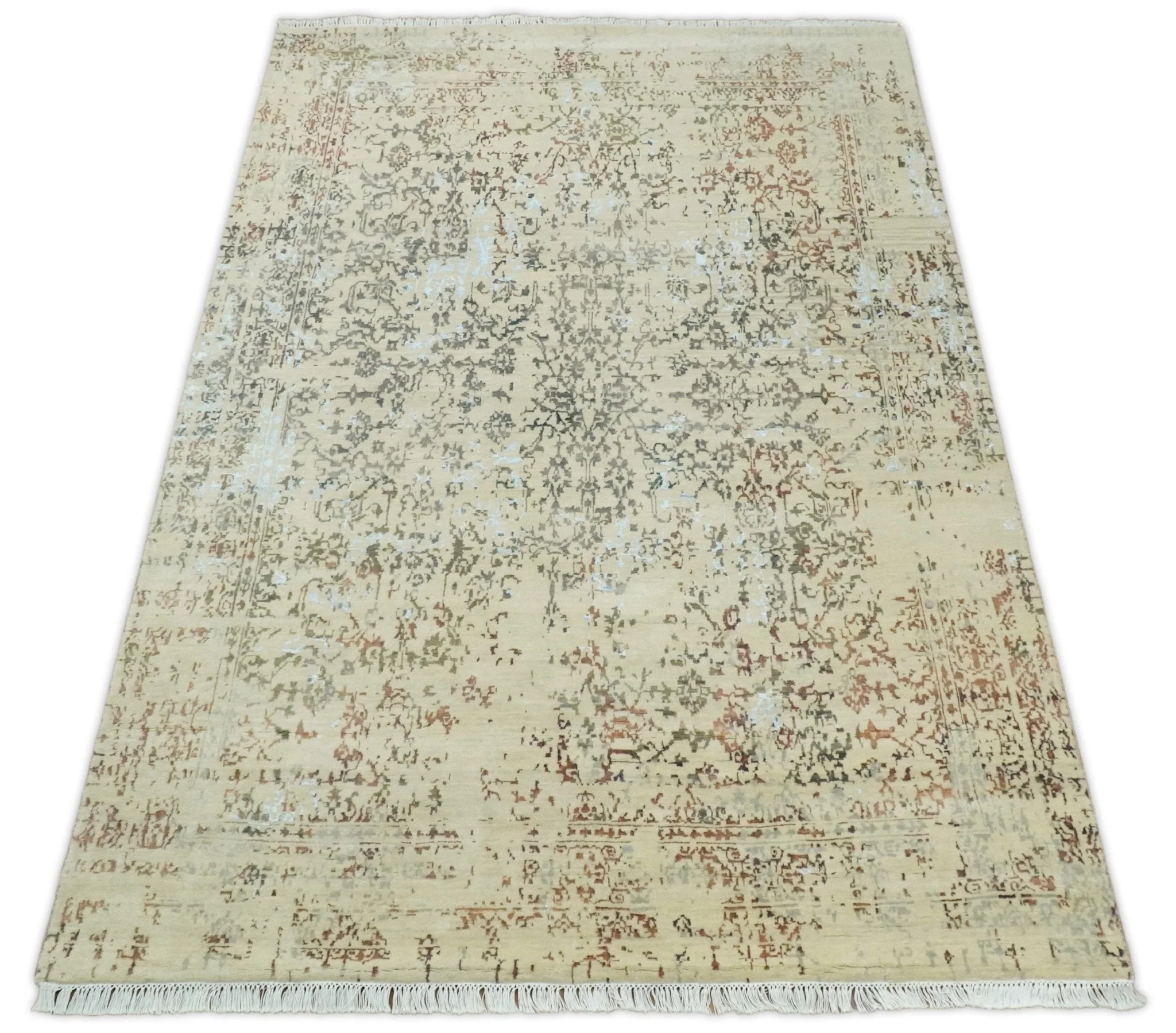 6x9 Fine Hand Knotted Beige and Rust Vintage Persian Style Antique Wool and Silk Rug - Image 13