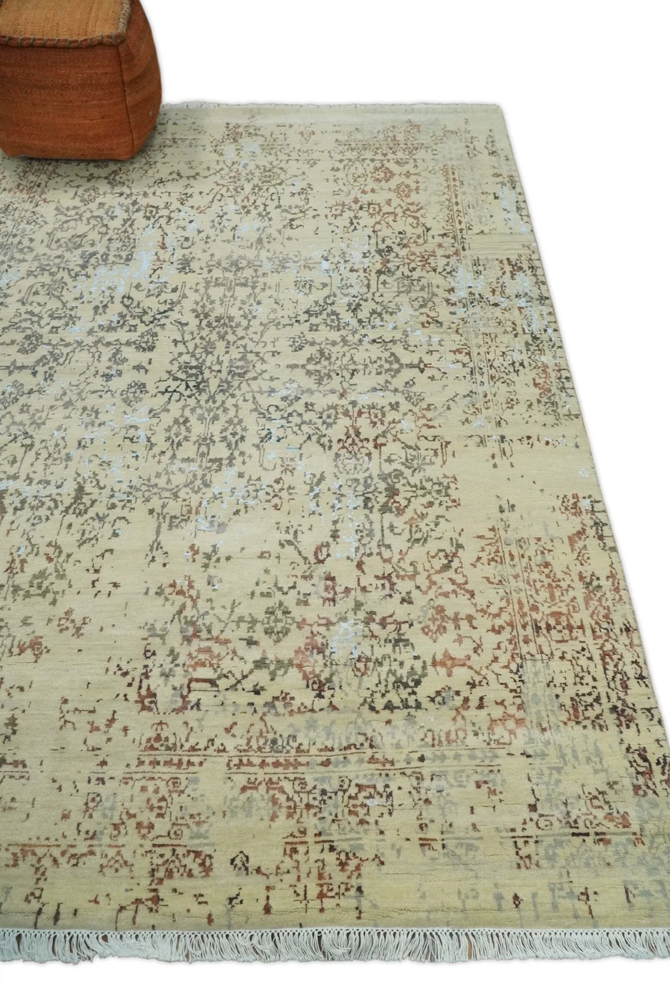 6x9 Fine Hand Knotted Beige and Rust Vintage Persian Style Antique Wool and Silk Rug - Image 4