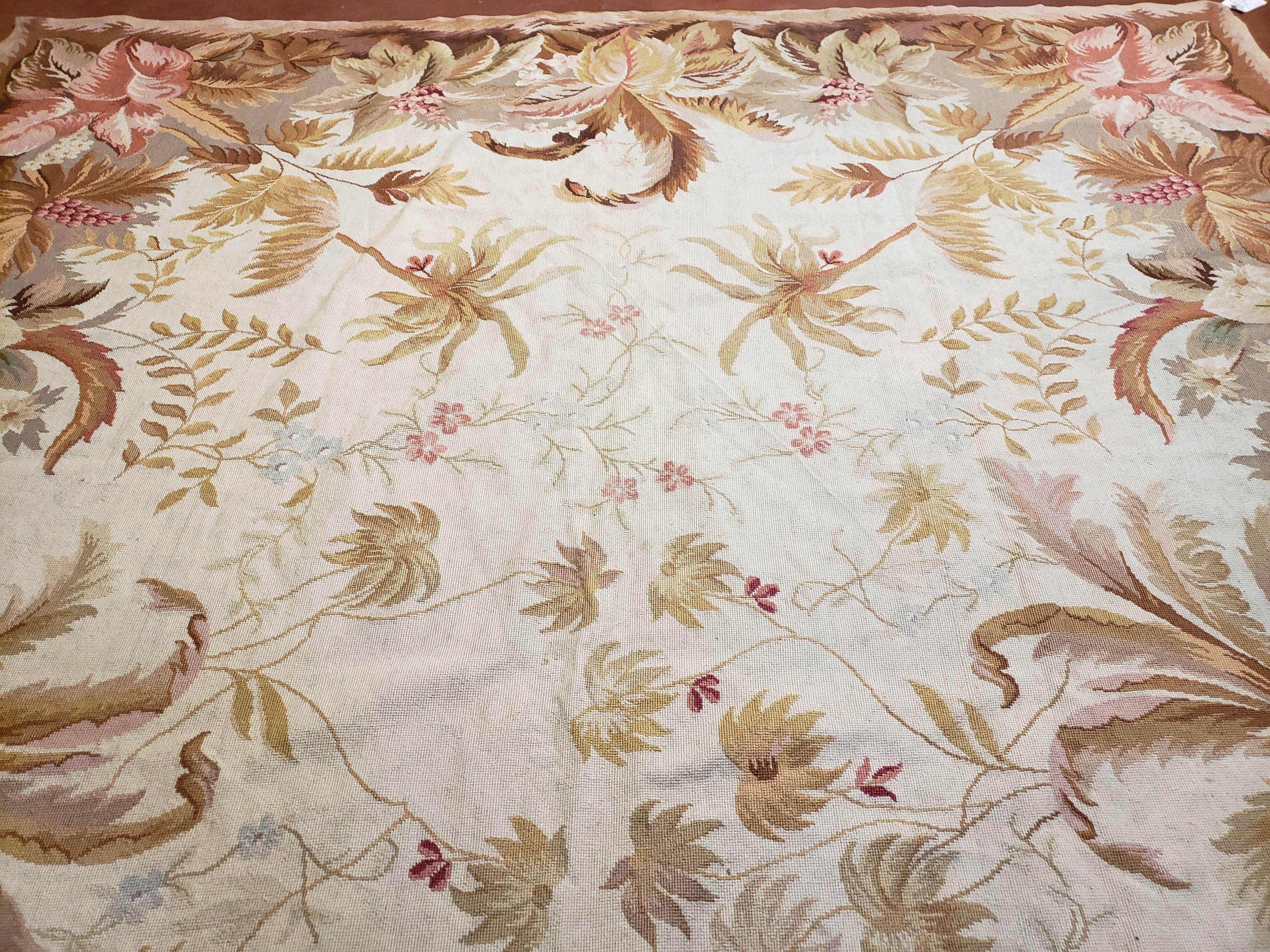 7' 7" x 9' 8" Needlepoint Rug Floral Beige Flat Weave Carpet 8x10 Handmade New Area Rug - Image 3
