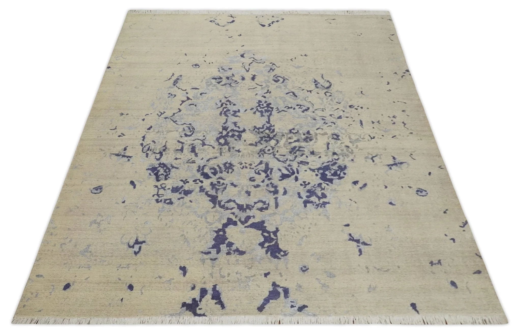8x10 Beige, Blue and Silver Antique Style, Abstract Hand Knotted Low pile Wool Area Rug - Image 10