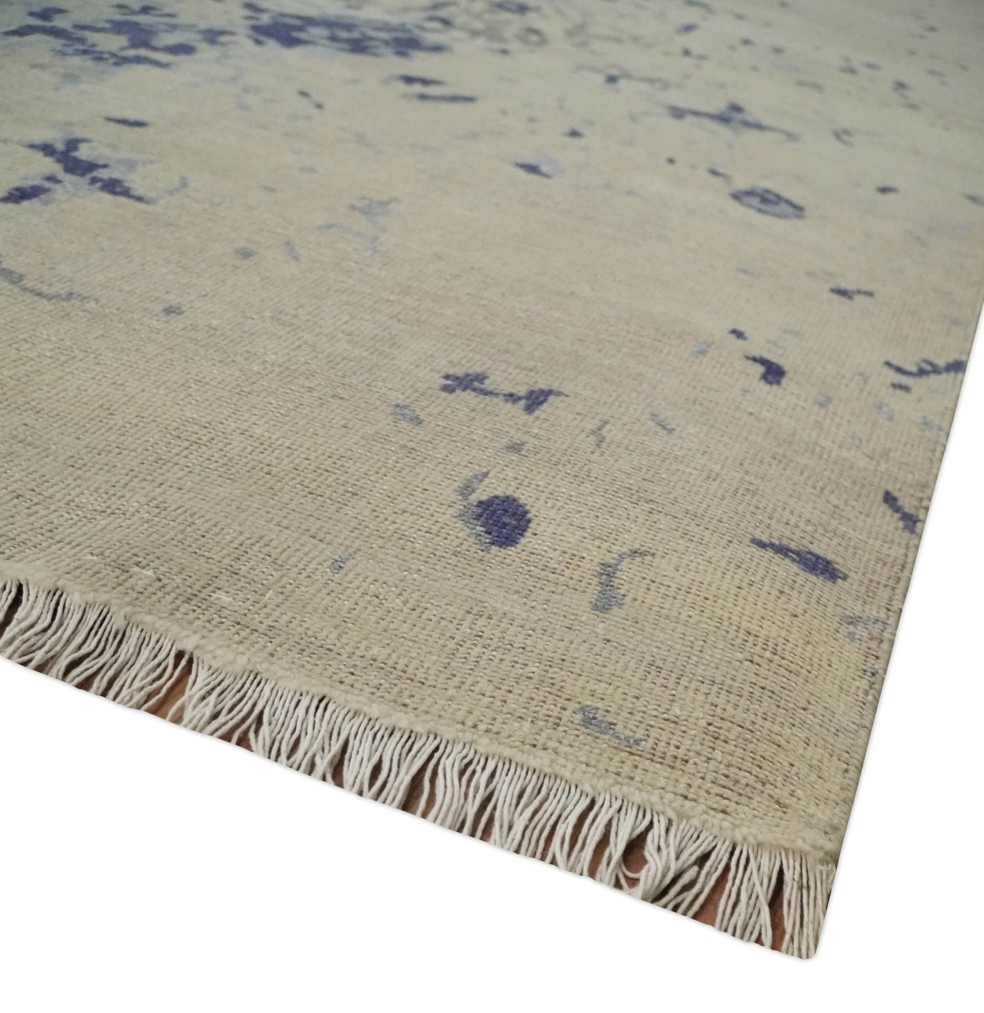 8x10 Beige, Blue and Silver Antique Style, Abstract Hand Knotted Low pile Wool Area Rug - Image 5