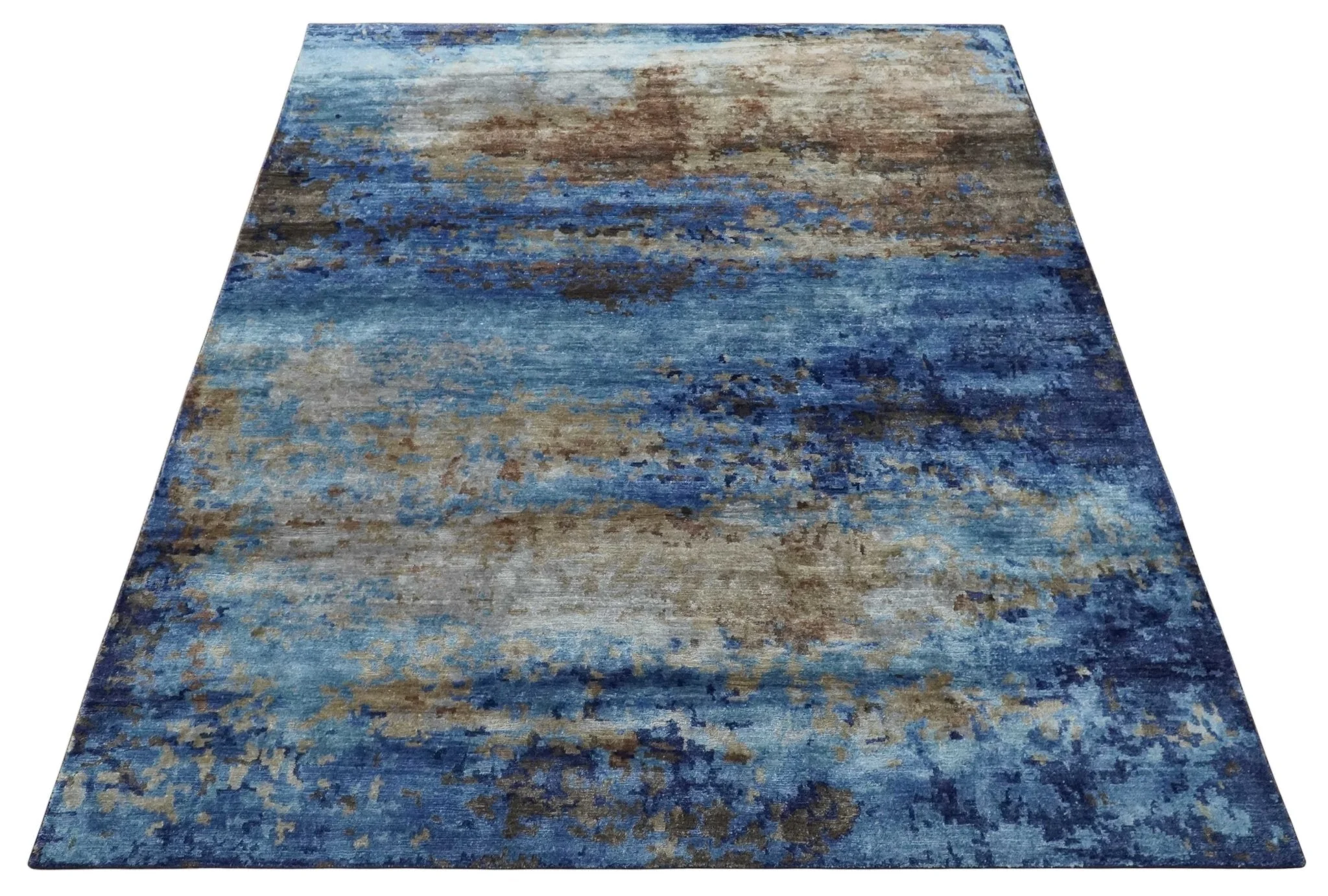 8x10 Blue, Beige and Brown Modern Abstract Hand Knotted wool and bamboo Silk Area Rug - Image 10