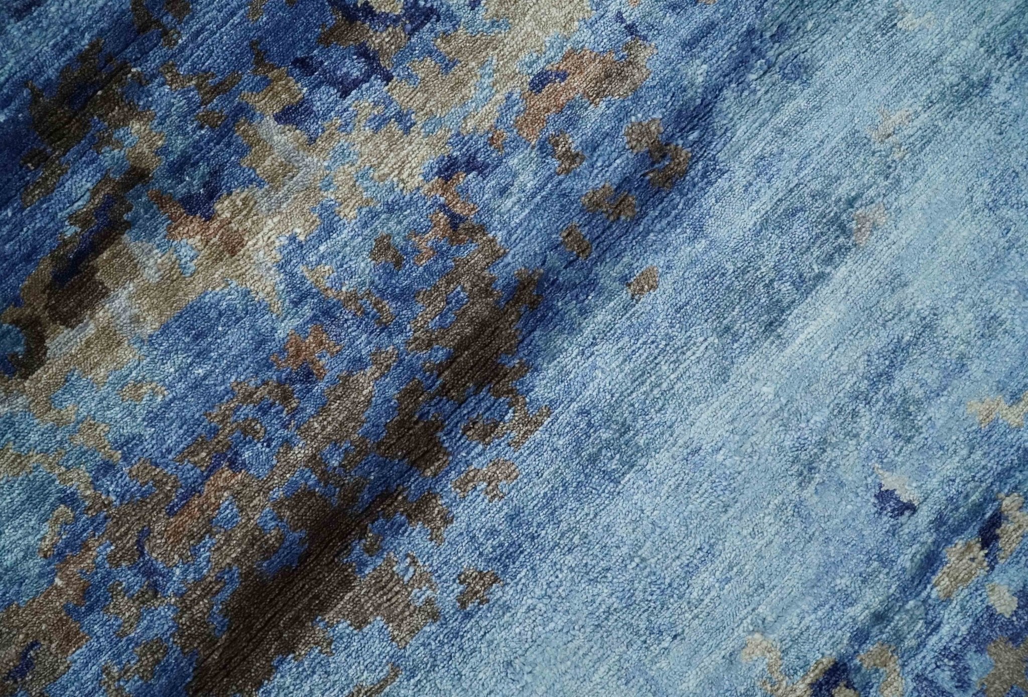 8x10 Blue, Beige and Brown Modern Abstract Hand Knotted wool and bamboo Silk Area Rug - Image 4