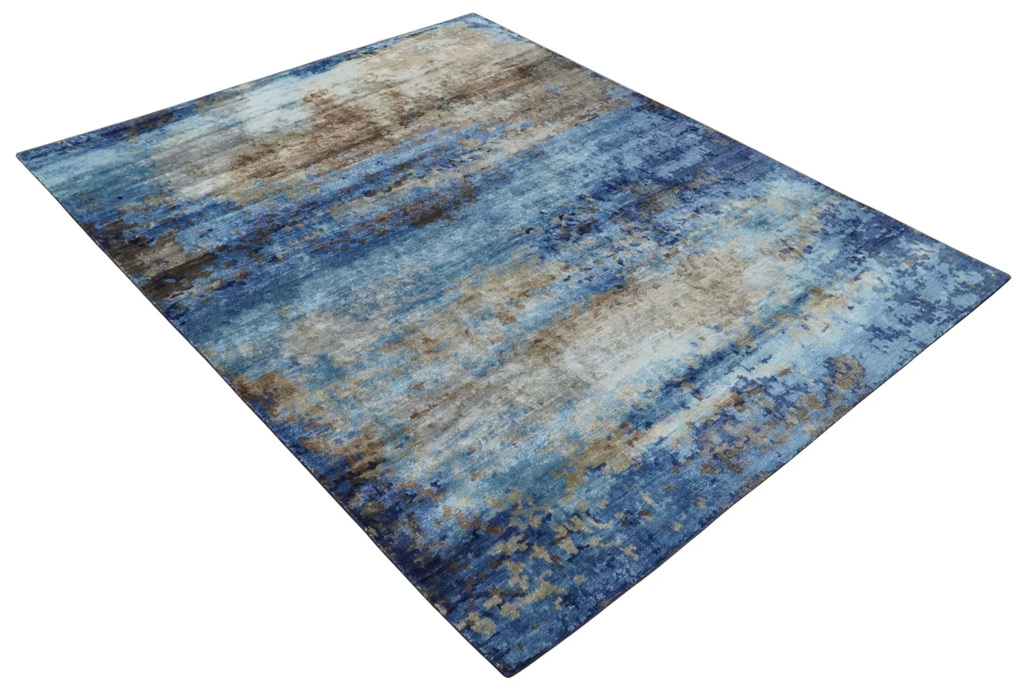 8x10 Blue, Beige and Brown Modern Abstract Hand Knotted wool and bamboo Silk Area Rug - Image 9