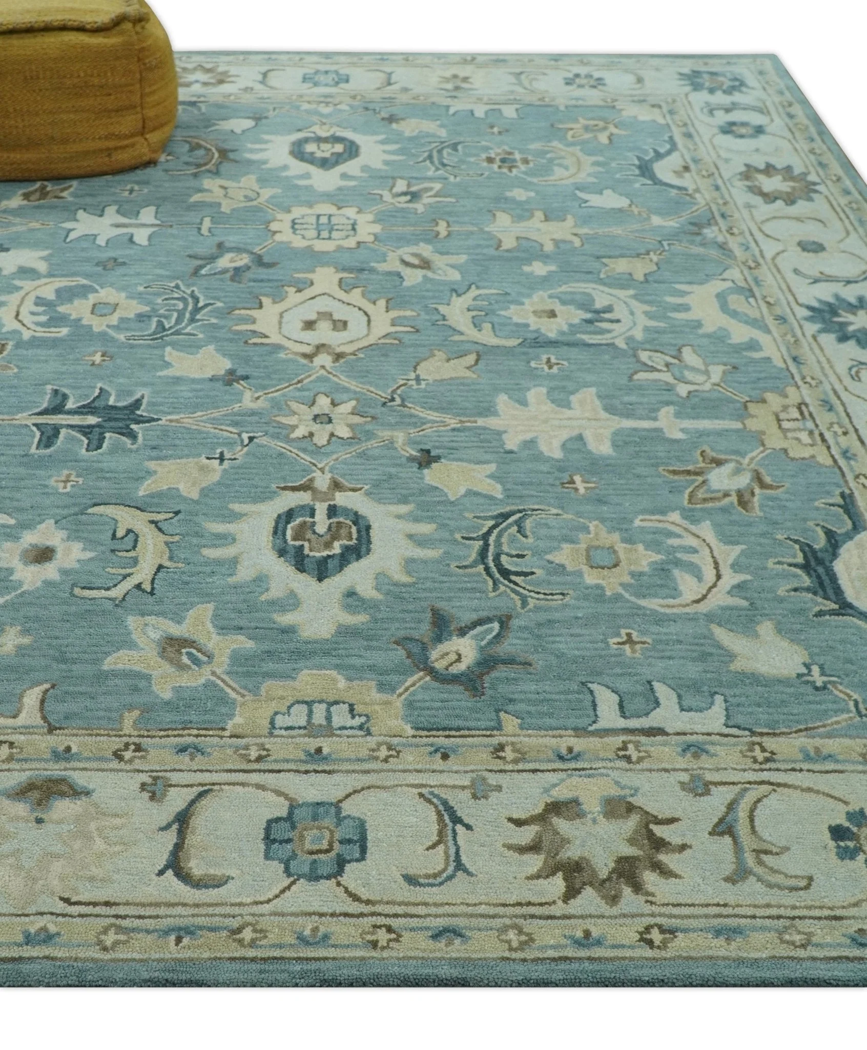 8x10 Blue, Ivory and Beige Hand Tufted Oriental Oushak wool area rug - Image 3