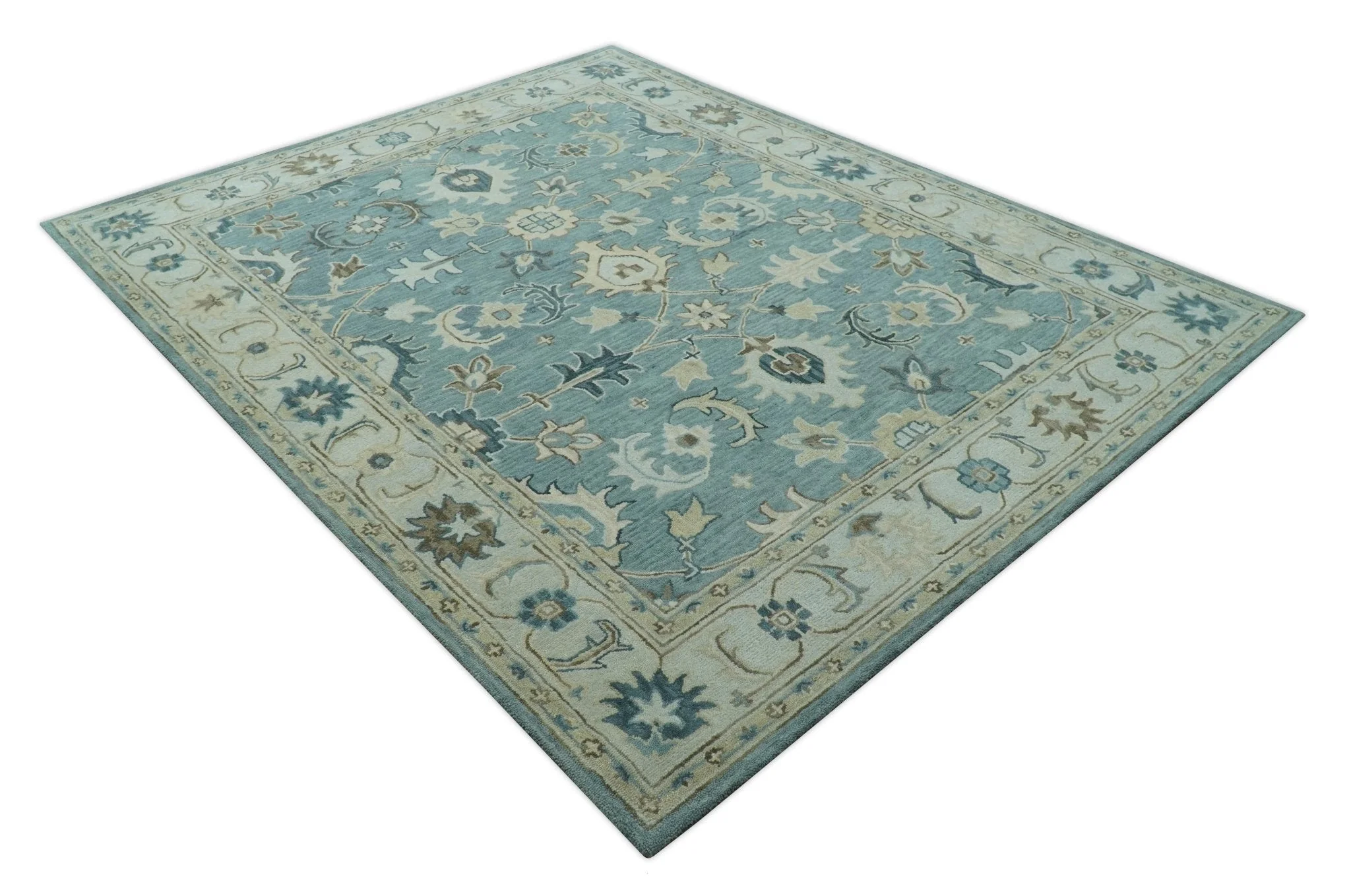 8x10 Blue, Ivory and Beige Hand Tufted Oriental Oushak wool area rug - Image 9