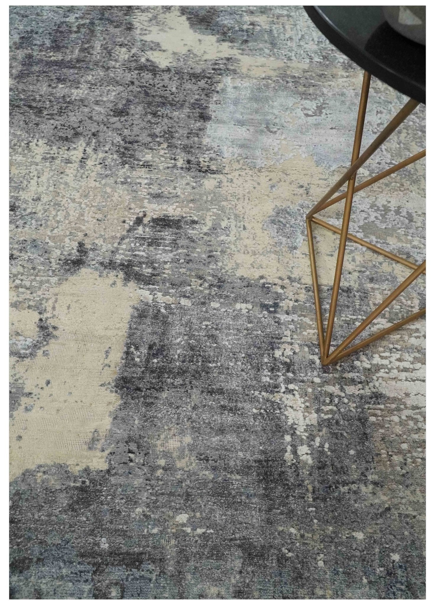 8x10 Charcoal, Beige and Gray Modern Abstract Distressed Finish High Low texture Hand Knotted Rug - Image 2