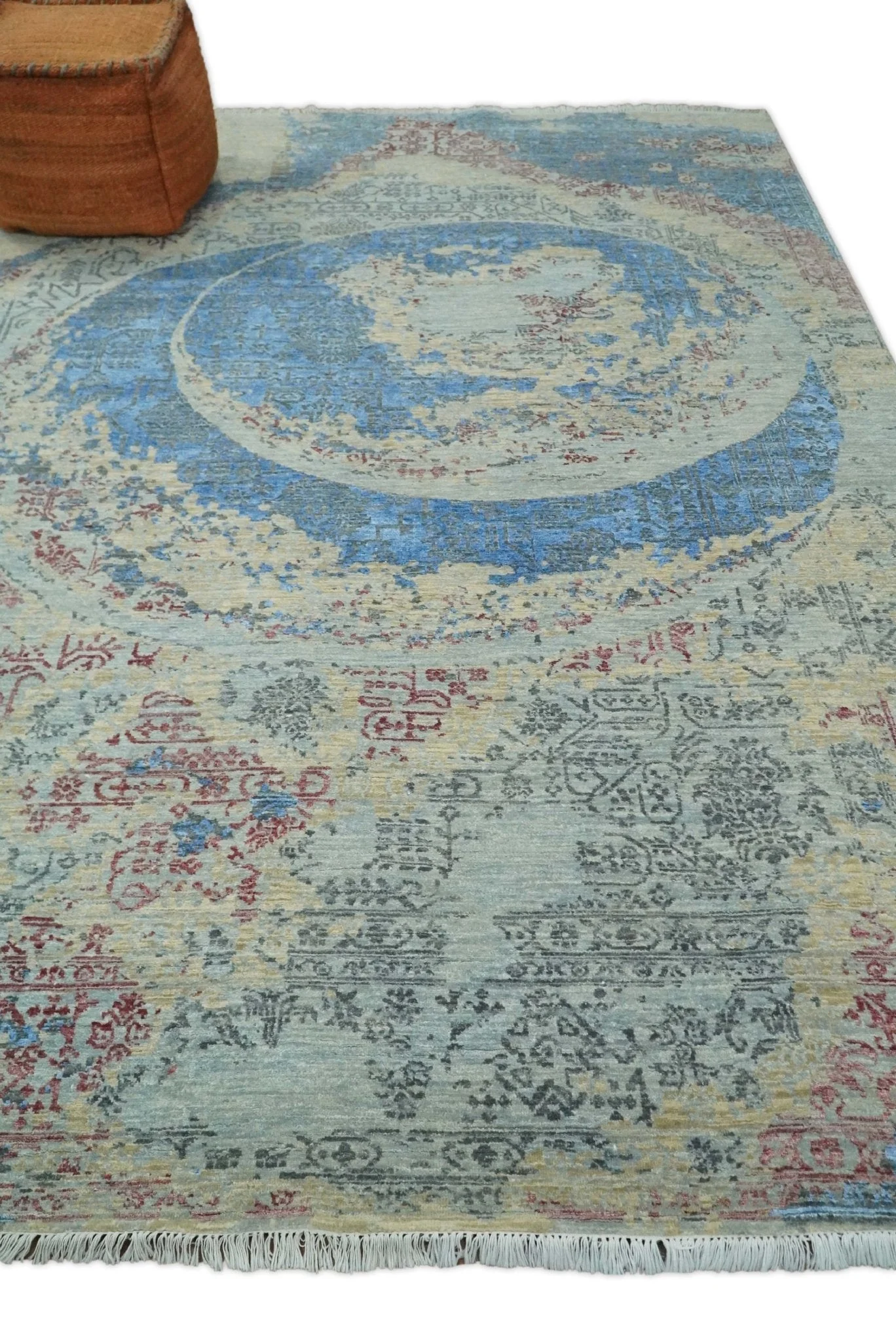 8x10 Fine Hand Knotted Beige and Blue Modern Abstract Style Antique Wool and Silk Area Rug | AGR37 - Image 2