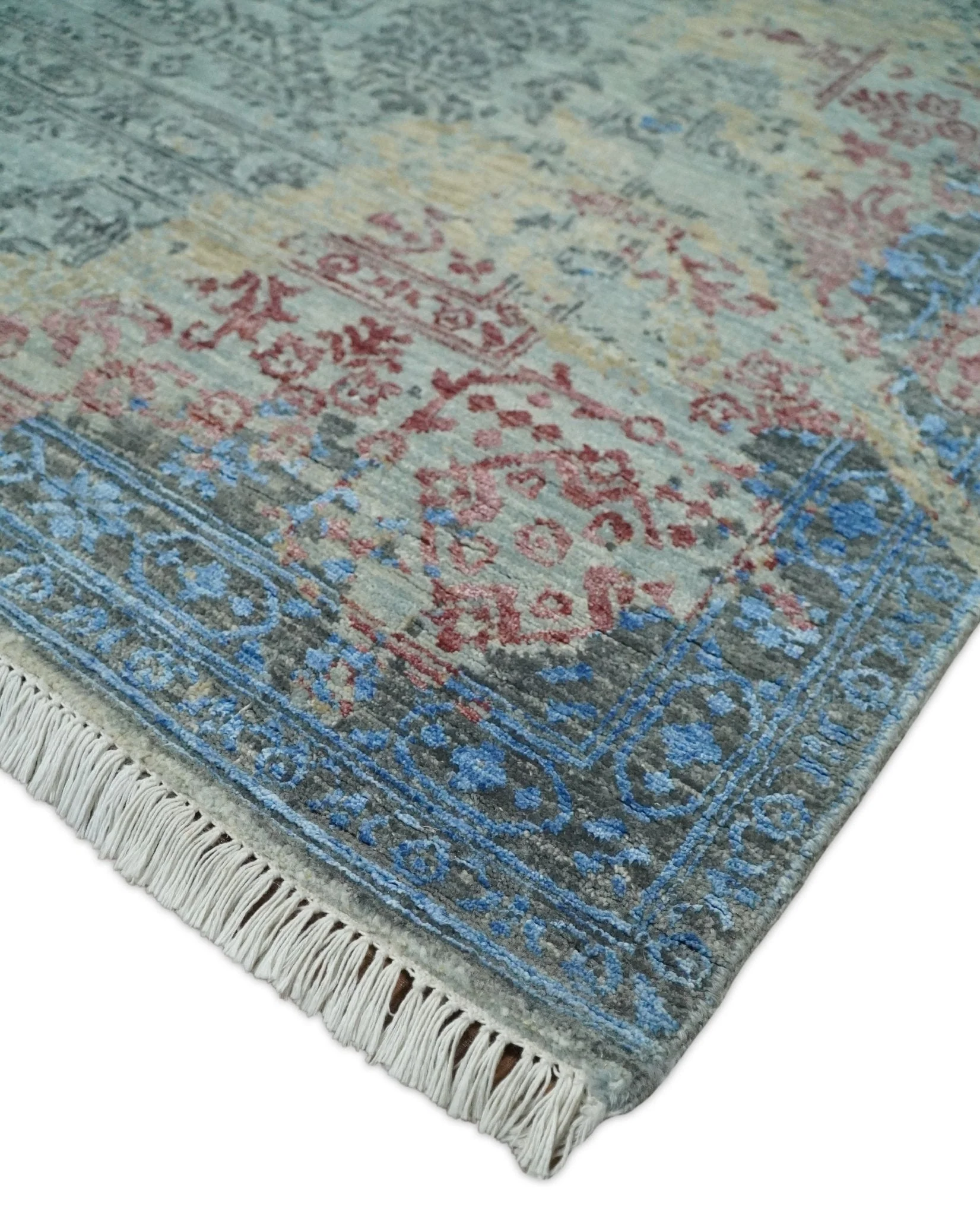 8x10 Fine Hand Knotted Beige and Blue Modern Abstract Style Antique Wool and Silk Area Rug | AGR37 - Image 5