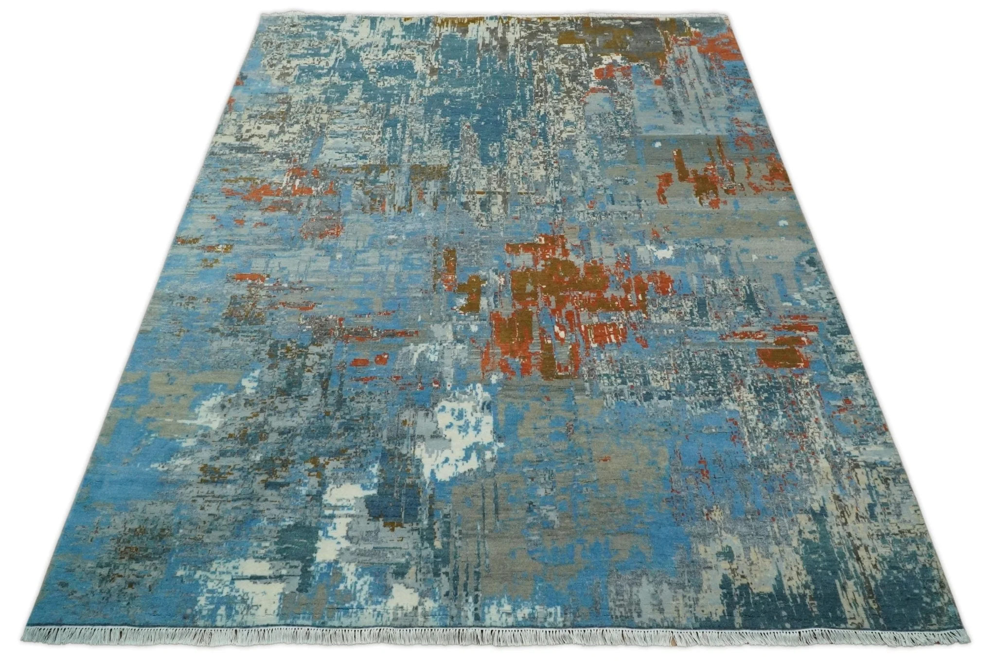 8x10 Fine Hand Knotted Beige and Blue Modern Abstract Style Antique Wool and Silk Area Rug | AGR43 - Image 10