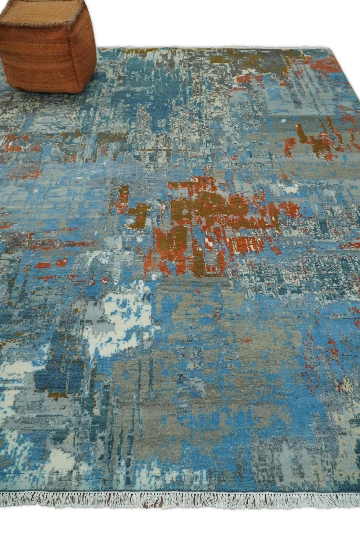 8x10 Fine Hand Knotted Beige and Blue Modern Abstract Style Antique Wool and Silk Area Rug | AGR43 - Image 3