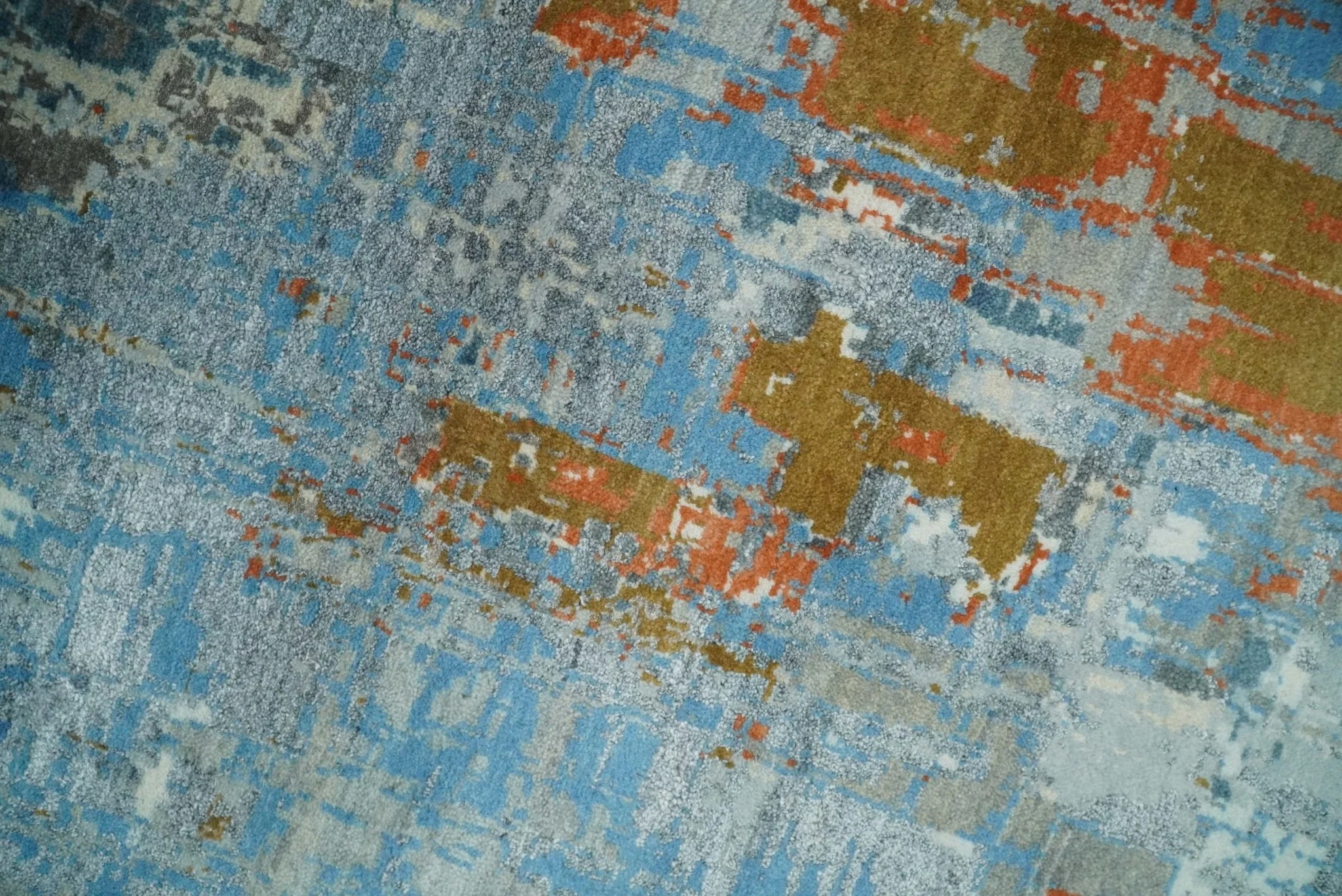 8x10 Fine Hand Knotted Beige and Blue Modern Abstract Style Antique Wool and Silk Area Rug | AGR43 - Image 4