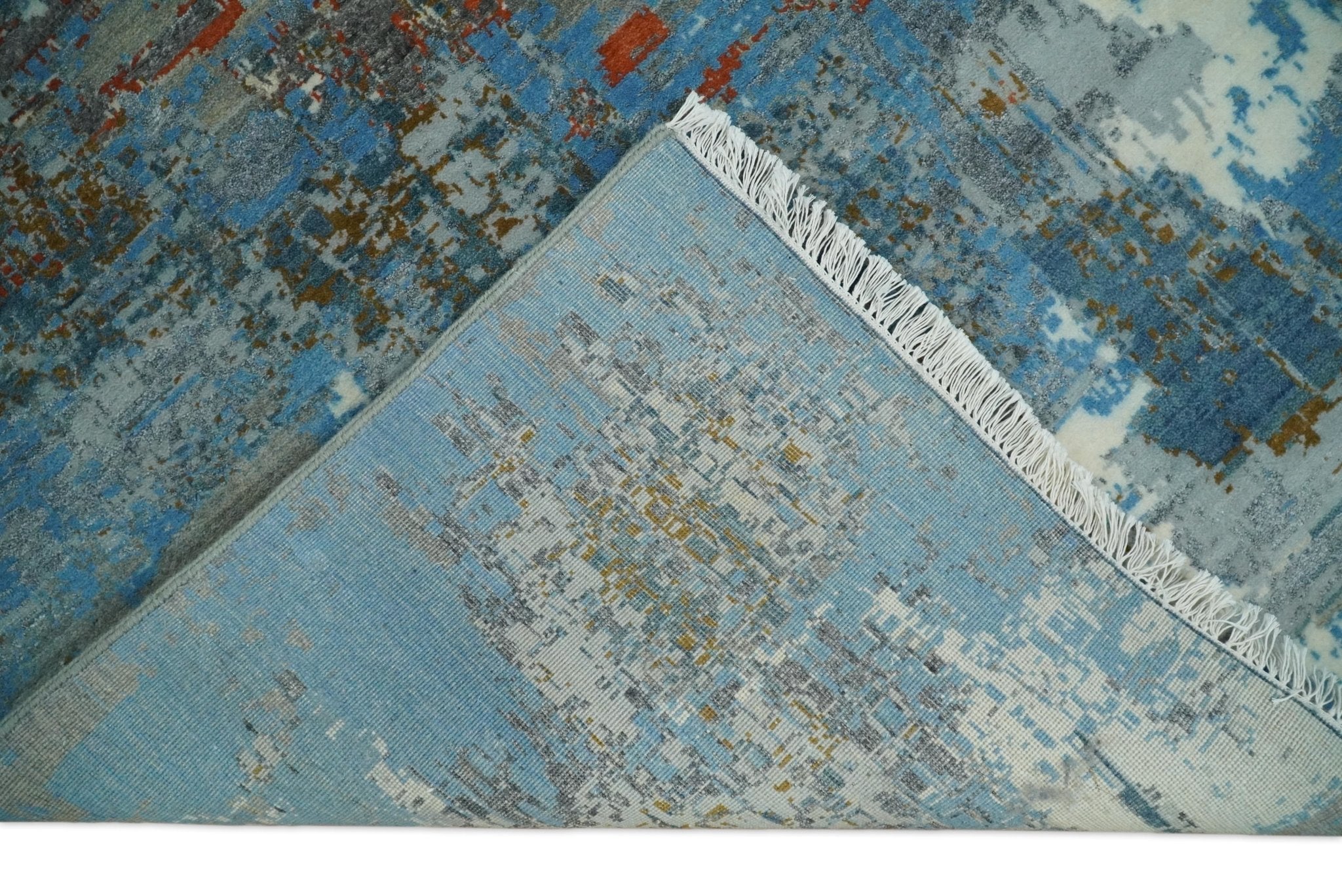 8x10 Fine Hand Knotted Beige and Blue Modern Abstract Style Antique Wool and Silk Area Rug | AGR43 - Image 7