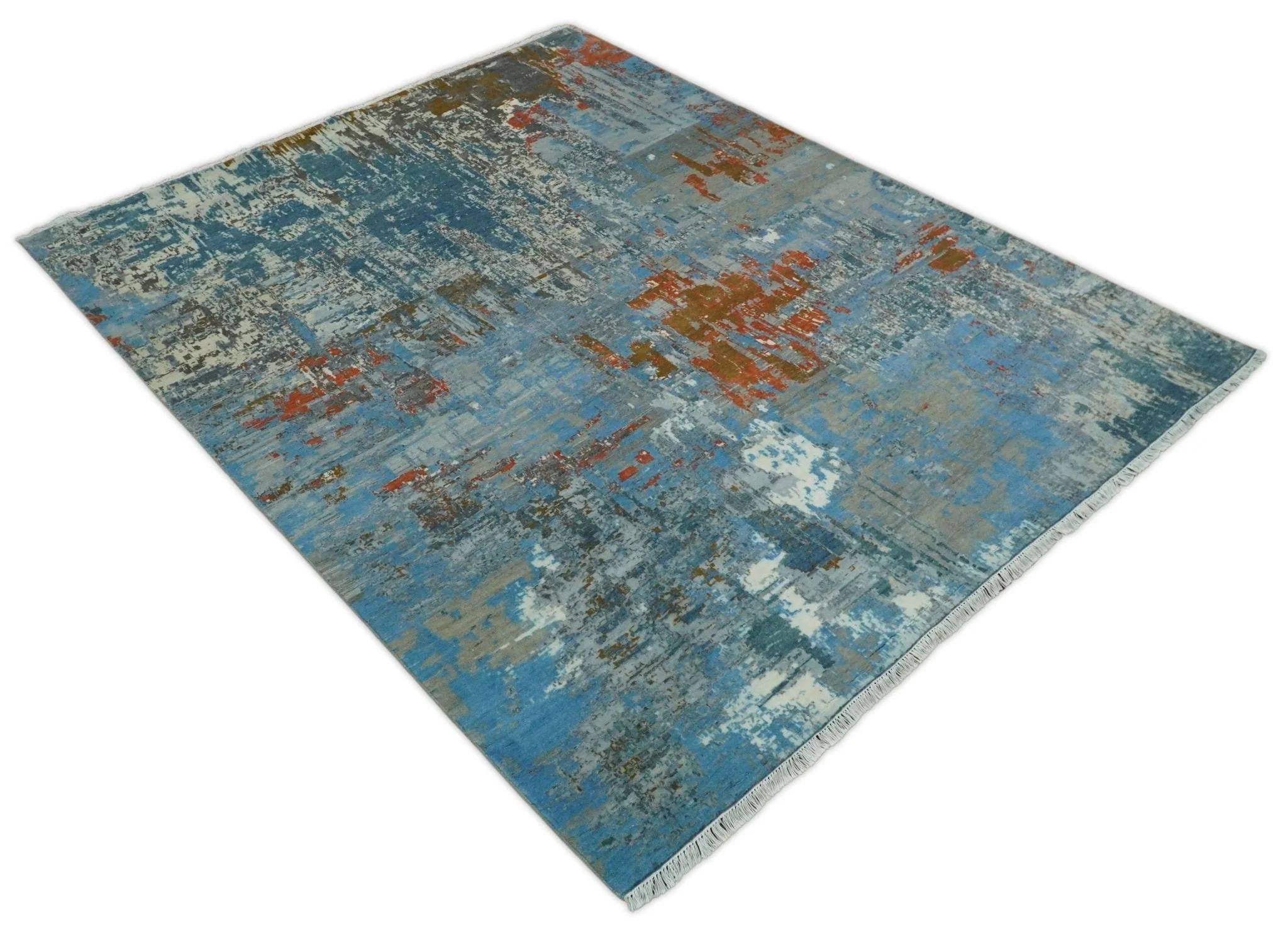 8x10 Fine Hand Knotted Beige and Blue Modern Abstract Style Antique Wool and Silk Area Rug | AGR43 - Image 9