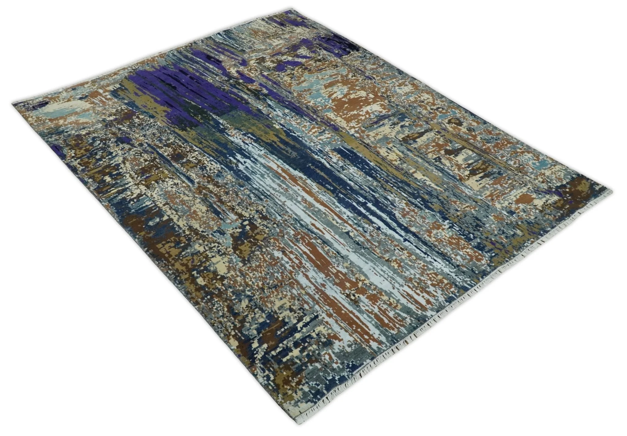 8x10 Fine Hand Knotted Blue And Brown Modern Abstract Wool and Bamboo Silk Area Rug - Image 11