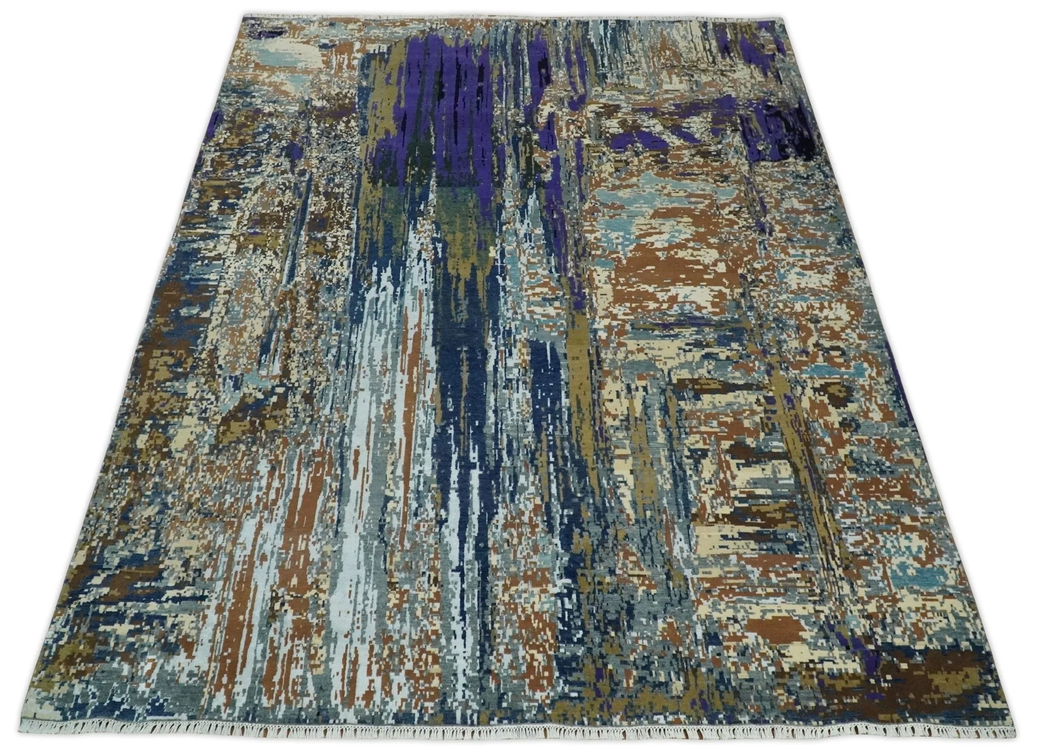 8x10 Fine Hand Knotted Blue And Brown Modern Abstract Wool and Bamboo Silk Area Rug - Image 12