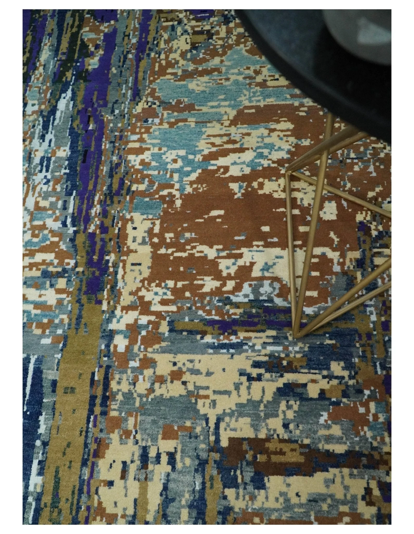8x10 Fine Hand Knotted Blue And Brown Modern Abstract Wool and Bamboo Silk Area Rug - Image 3