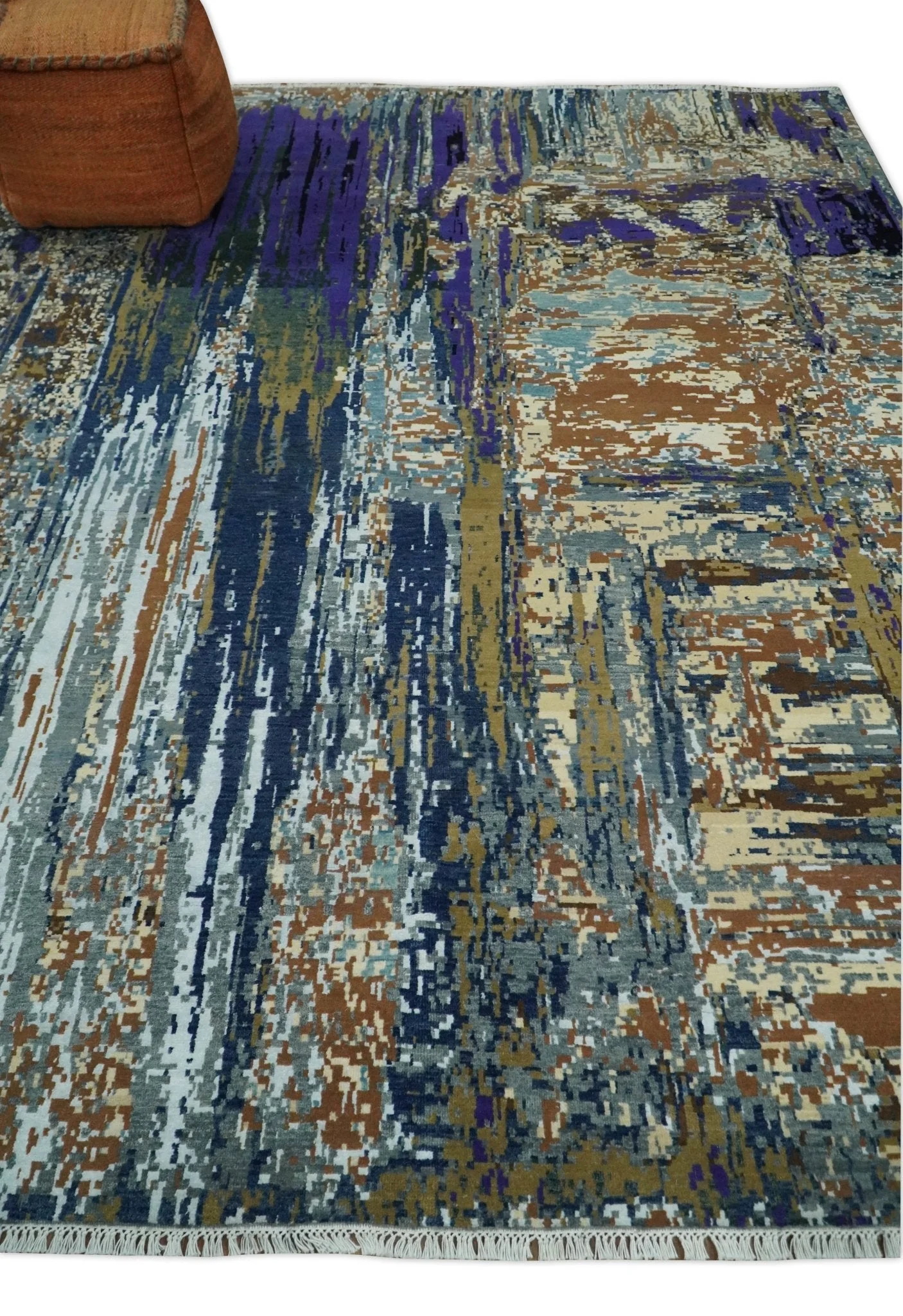 8x10 Fine Hand Knotted Blue And Brown Modern Abstract Wool and Bamboo Silk Area Rug - Image 4