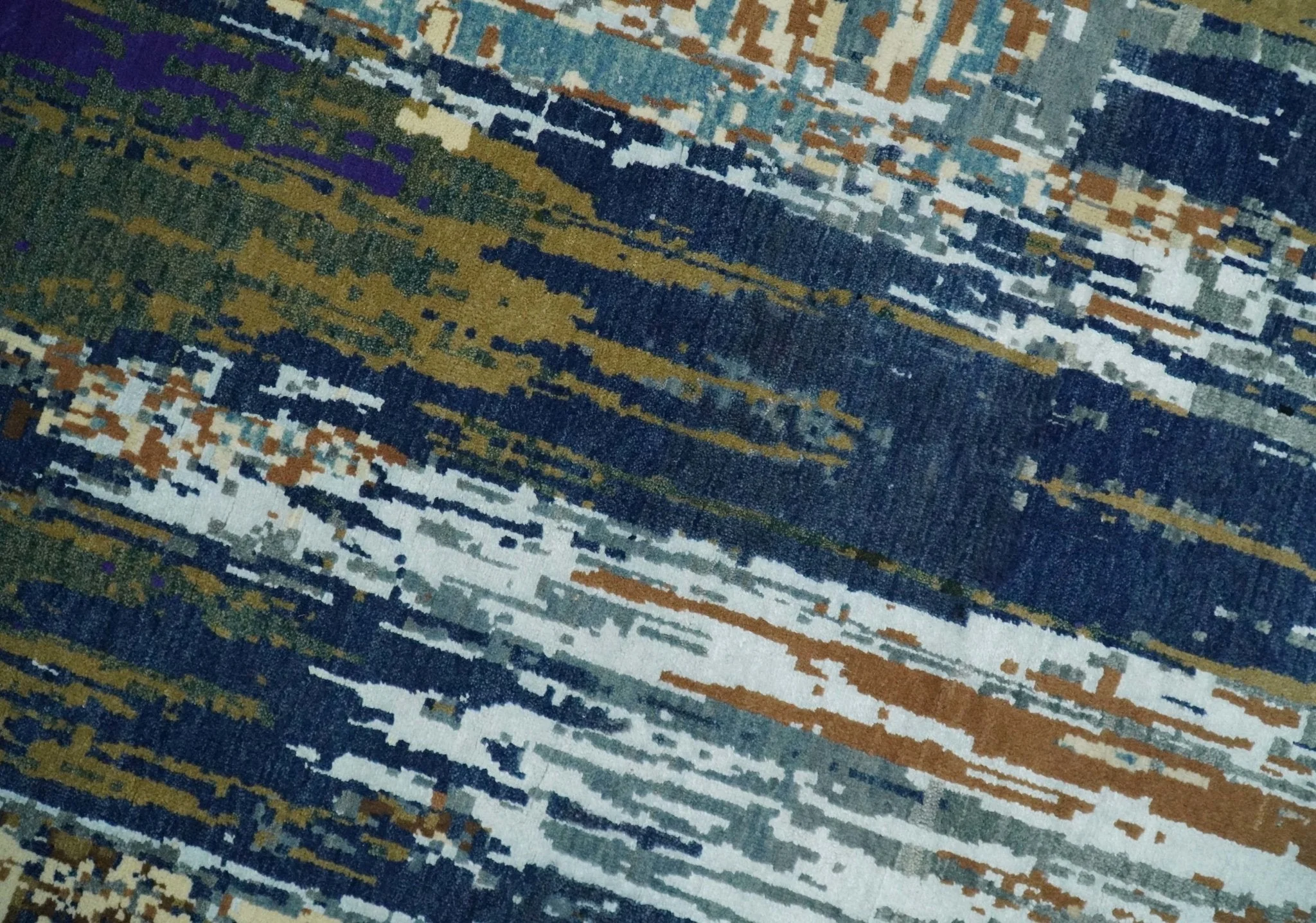 8x10 Fine Hand Knotted Blue And Brown Modern Abstract Wool and Bamboo Silk Area Rug - Image 5