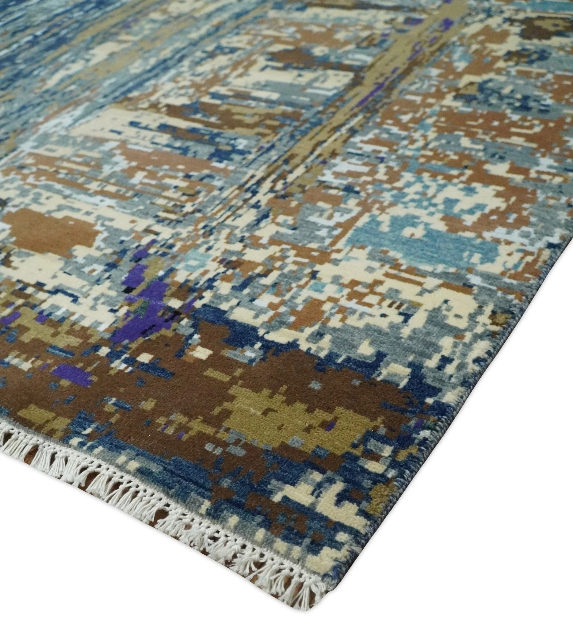 8x10 Fine Hand Knotted Blue And Brown Modern Abstract Wool and Bamboo Silk Area Rug - Image 6
