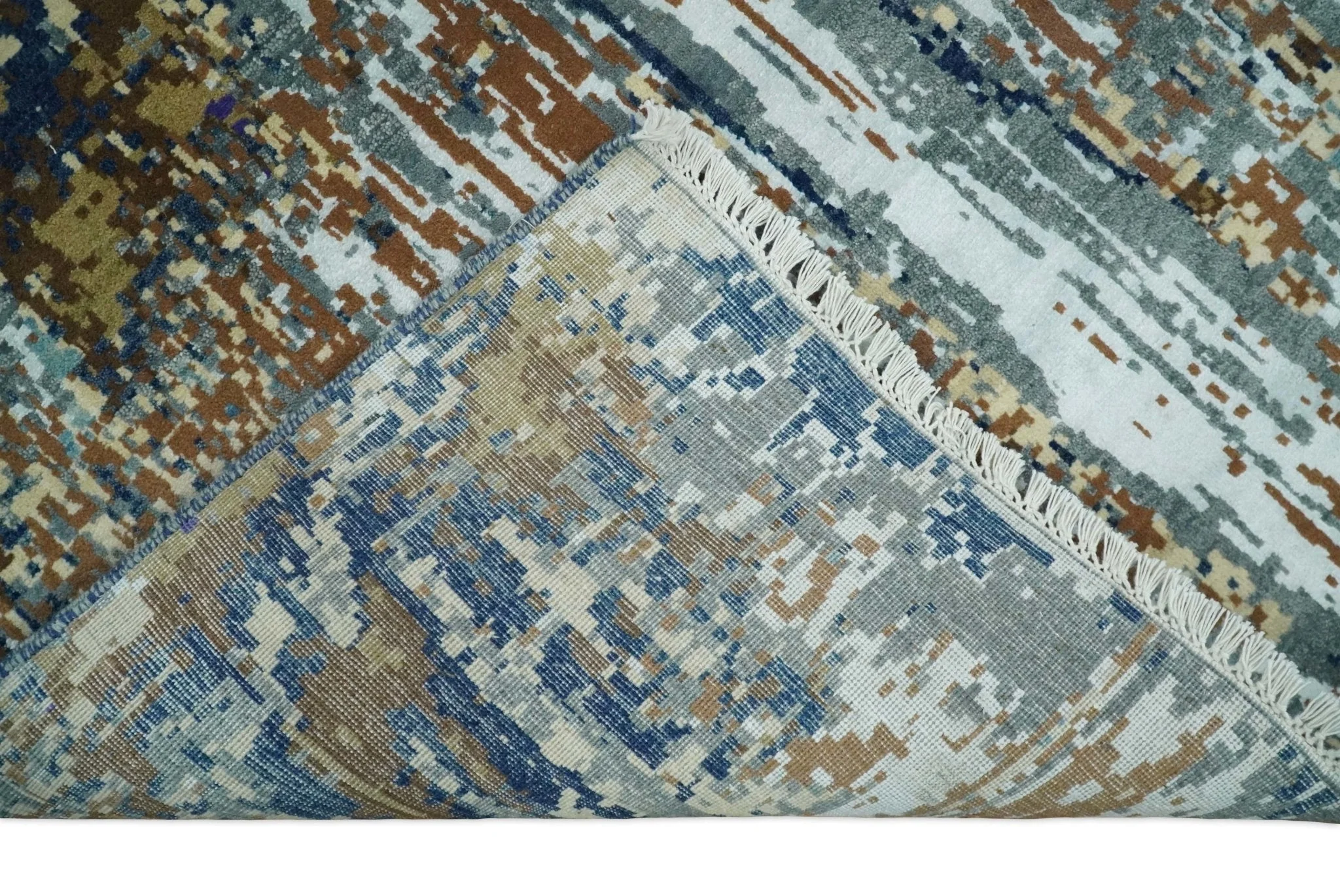 8x10 Fine Hand Knotted Blue And Brown Modern Abstract Wool and Bamboo Silk Area Rug - Image 9