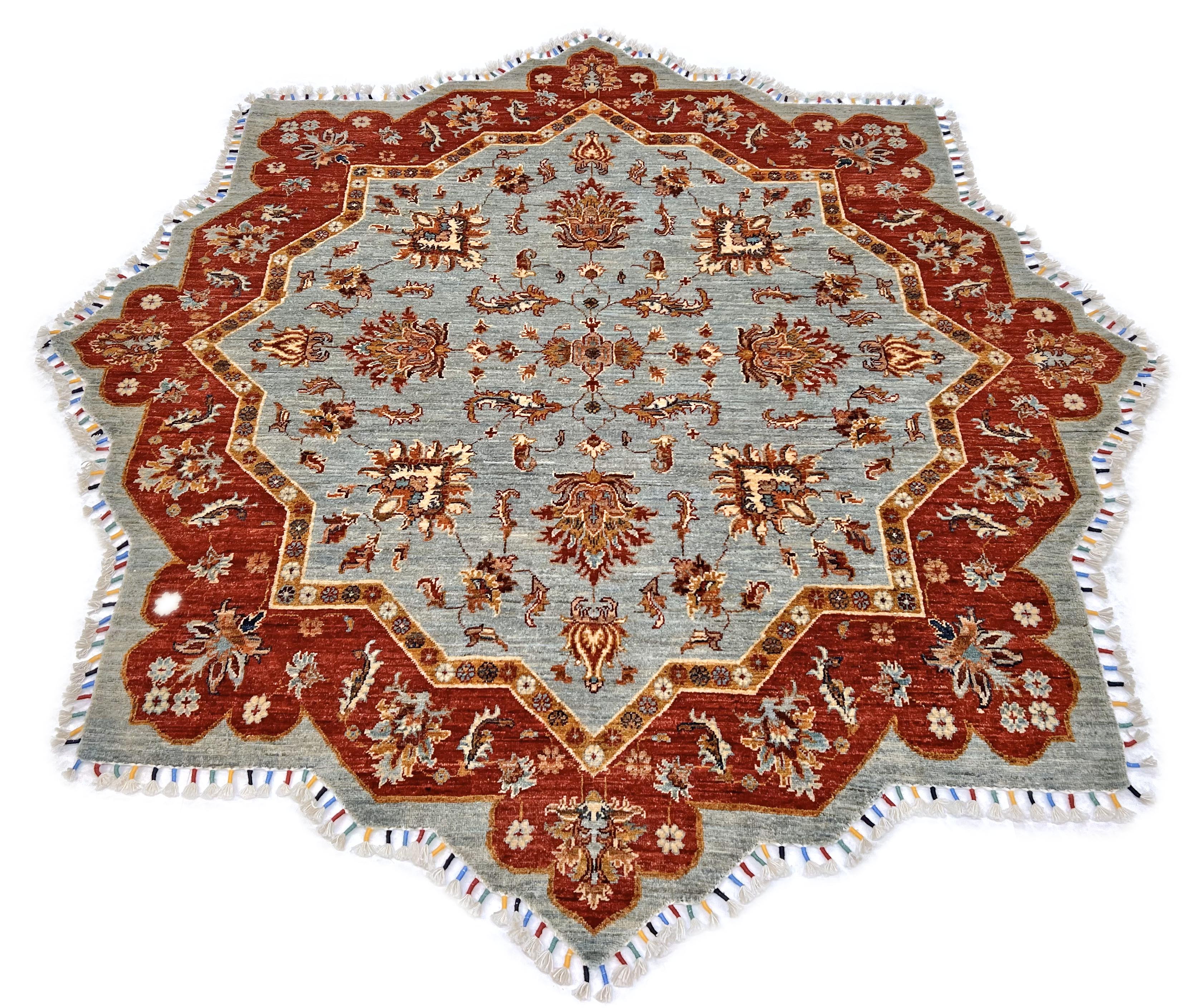 Afghan Made Scalloped Edge Rug (6'07"x6'08") gray/red - Image 2