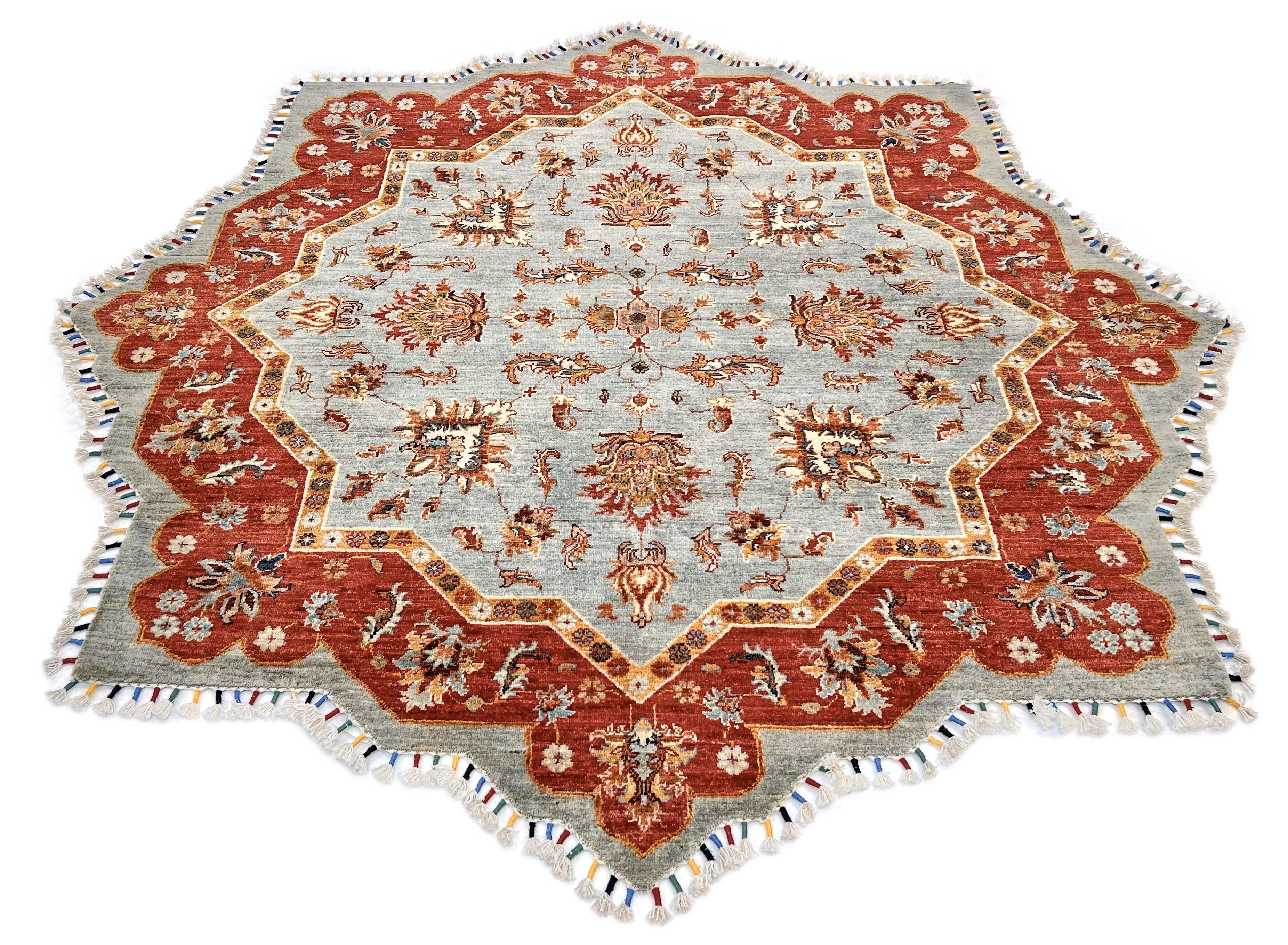 Afghan Made Scalloped Edge Rug (6'07"x6'08") gray/red - Image 3