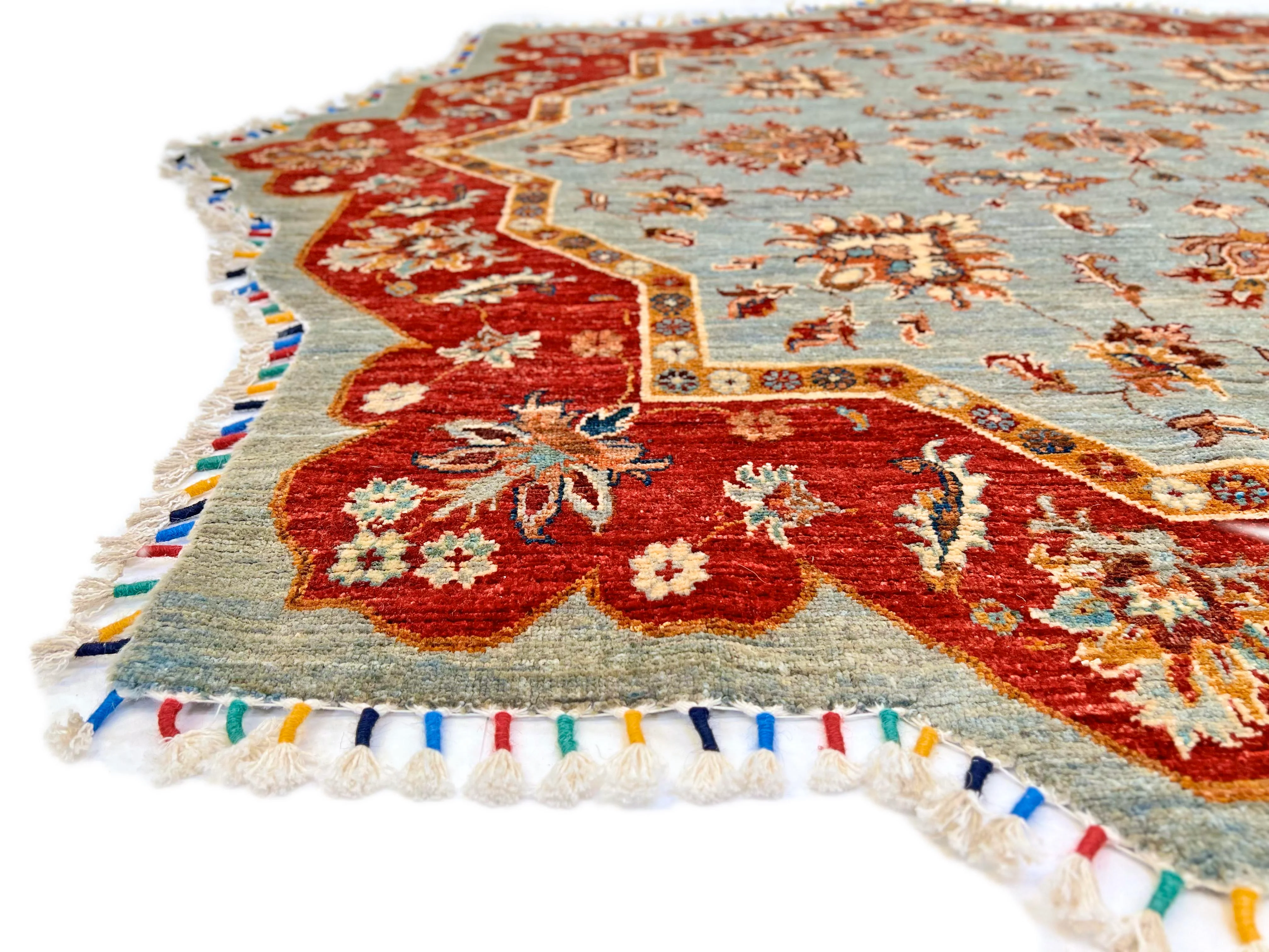 Afghan Made Scalloped Edge Rug (6'07"x6'08") gray/red - Image 5